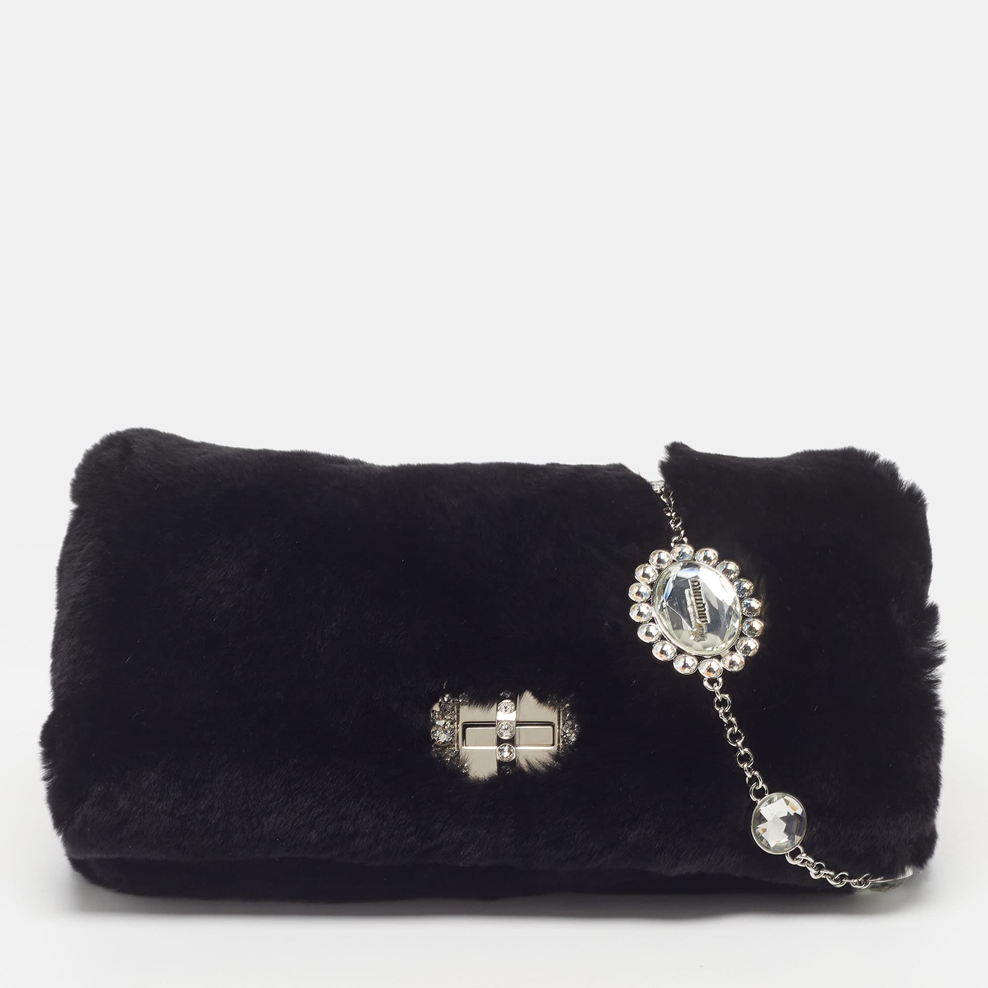 Miu Miu Crystal Cloqué Black Rabbit Fur Shoulder Bag