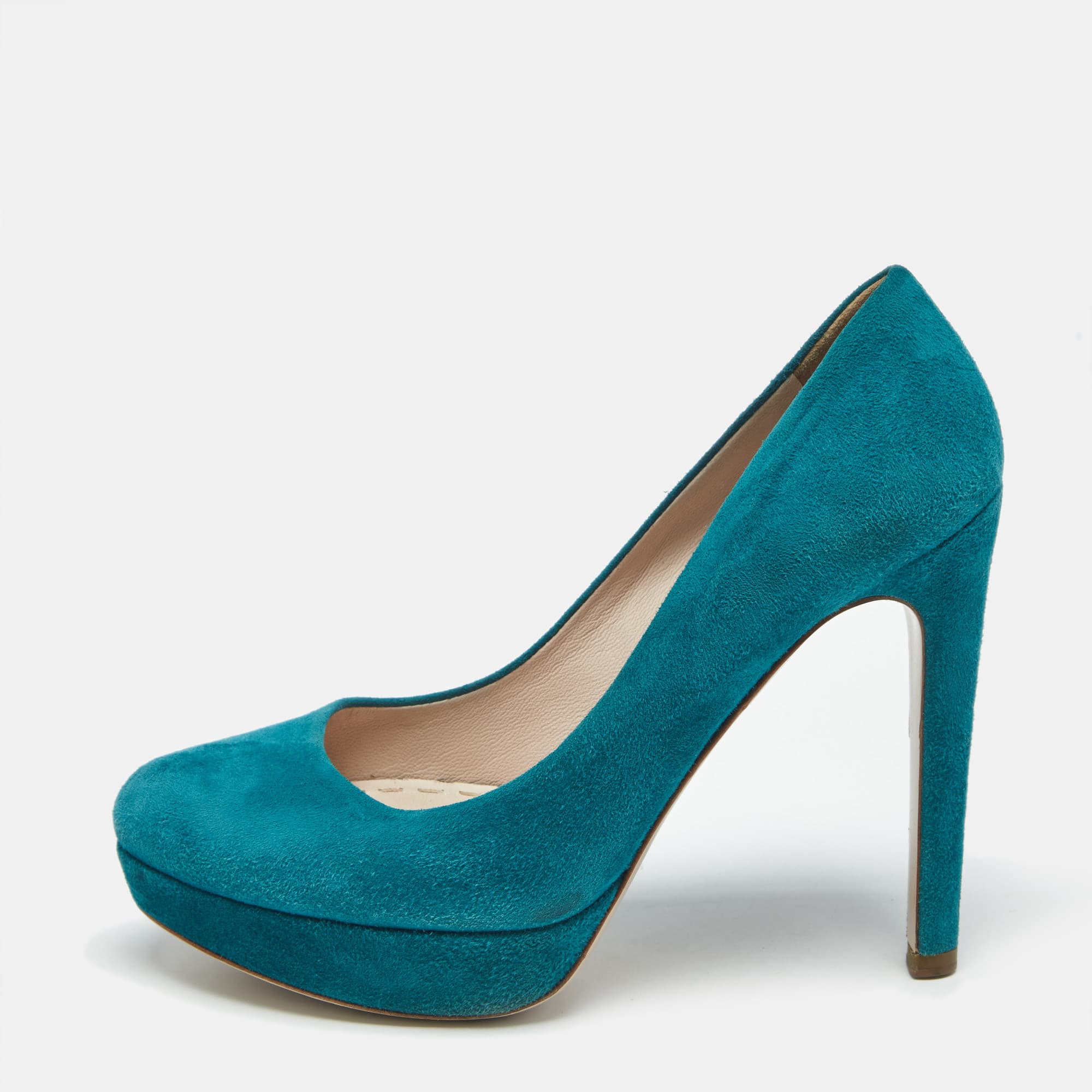 Miu Miu Turquoise Blue Suede Rounded Toe Platform Pumps Size 38