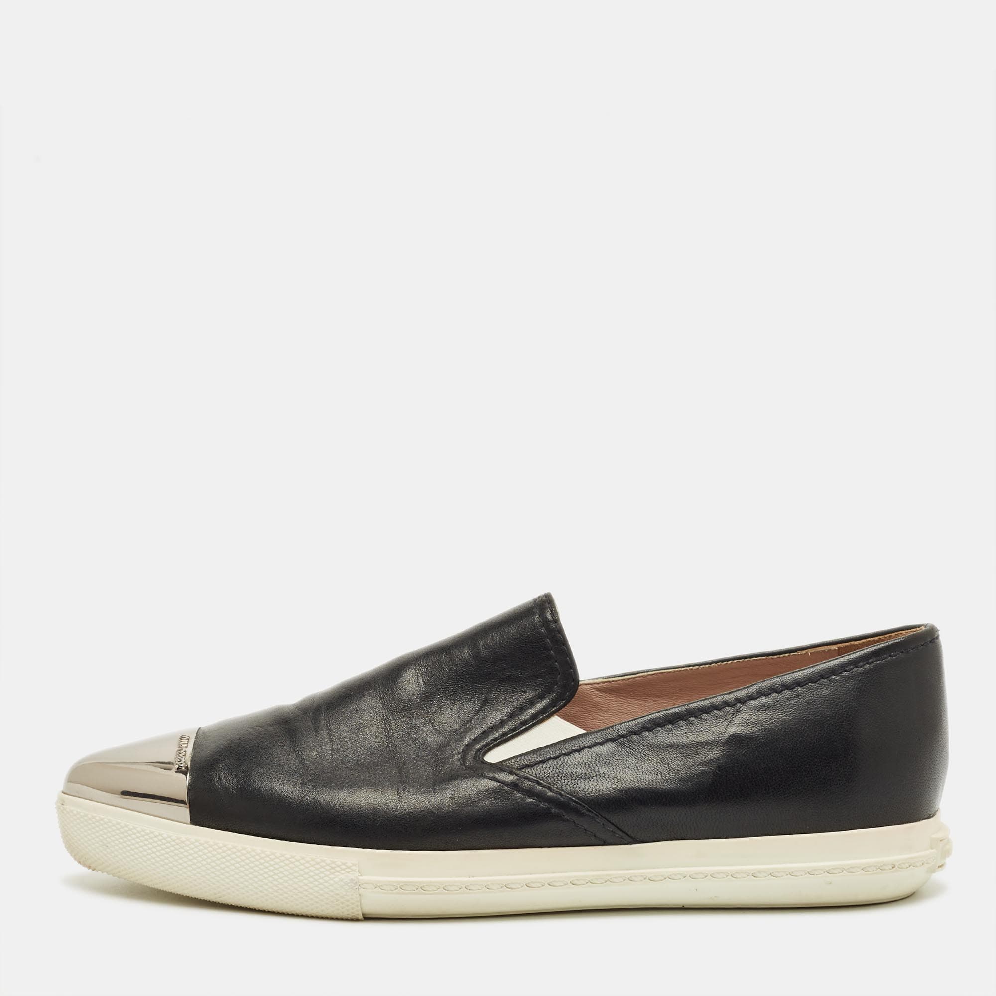 Miu Miu Black Leather Metal Cap Toe Slip On Sneakers Size 36