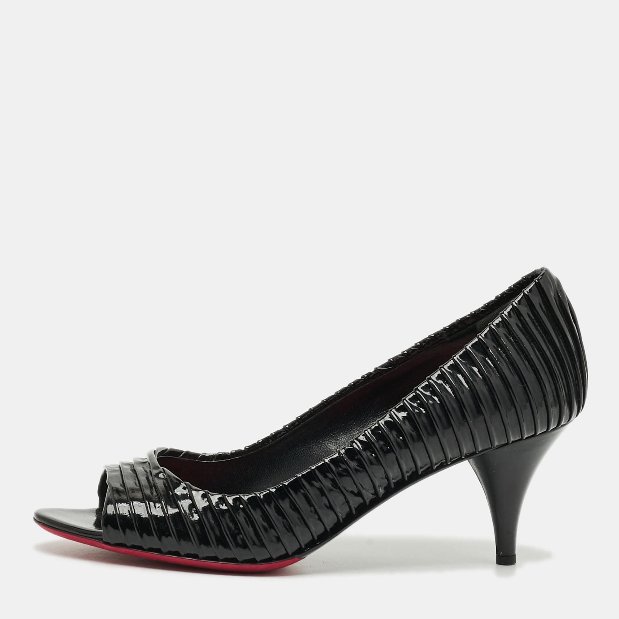 Miu Miu Plisse Size 36 Black Patent Leather Peep Toe Pumps