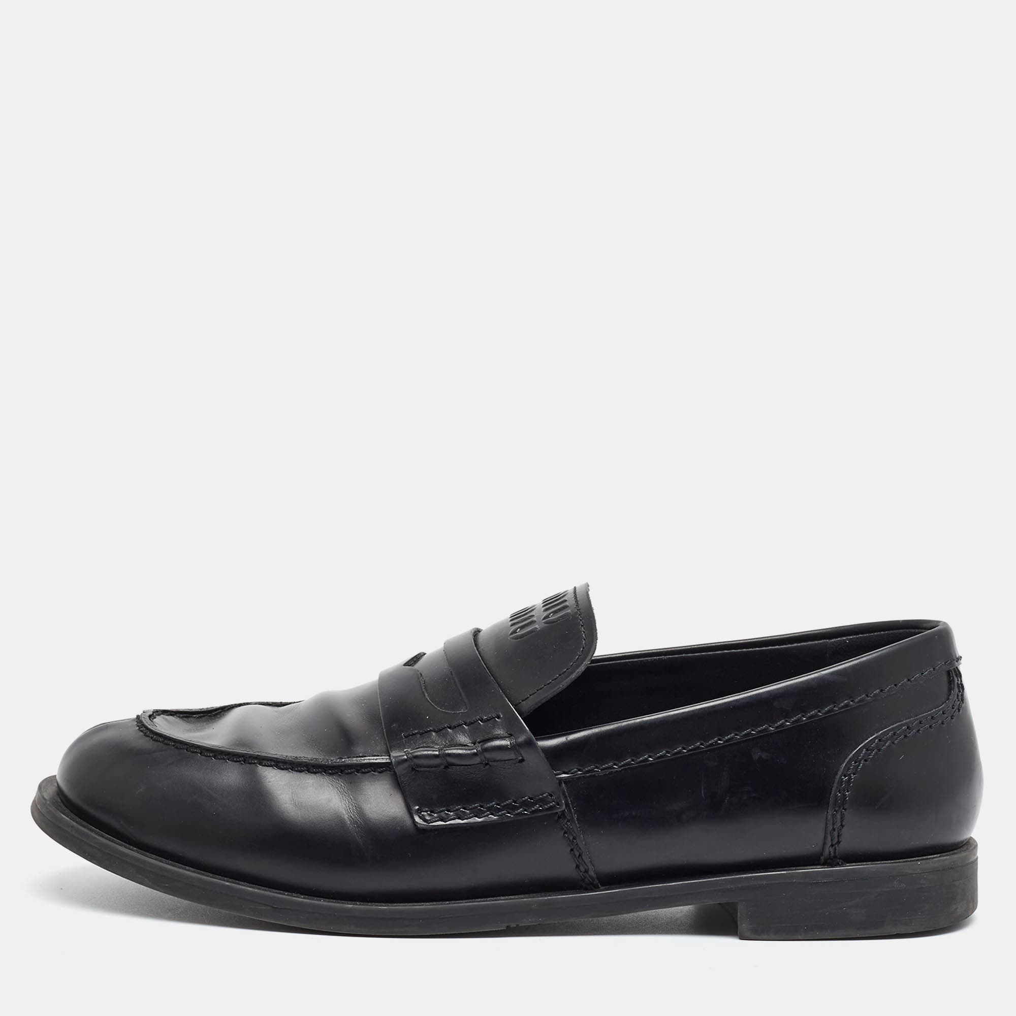 Miu Miu Size 39 Black Leather Slip On Penny Loafers