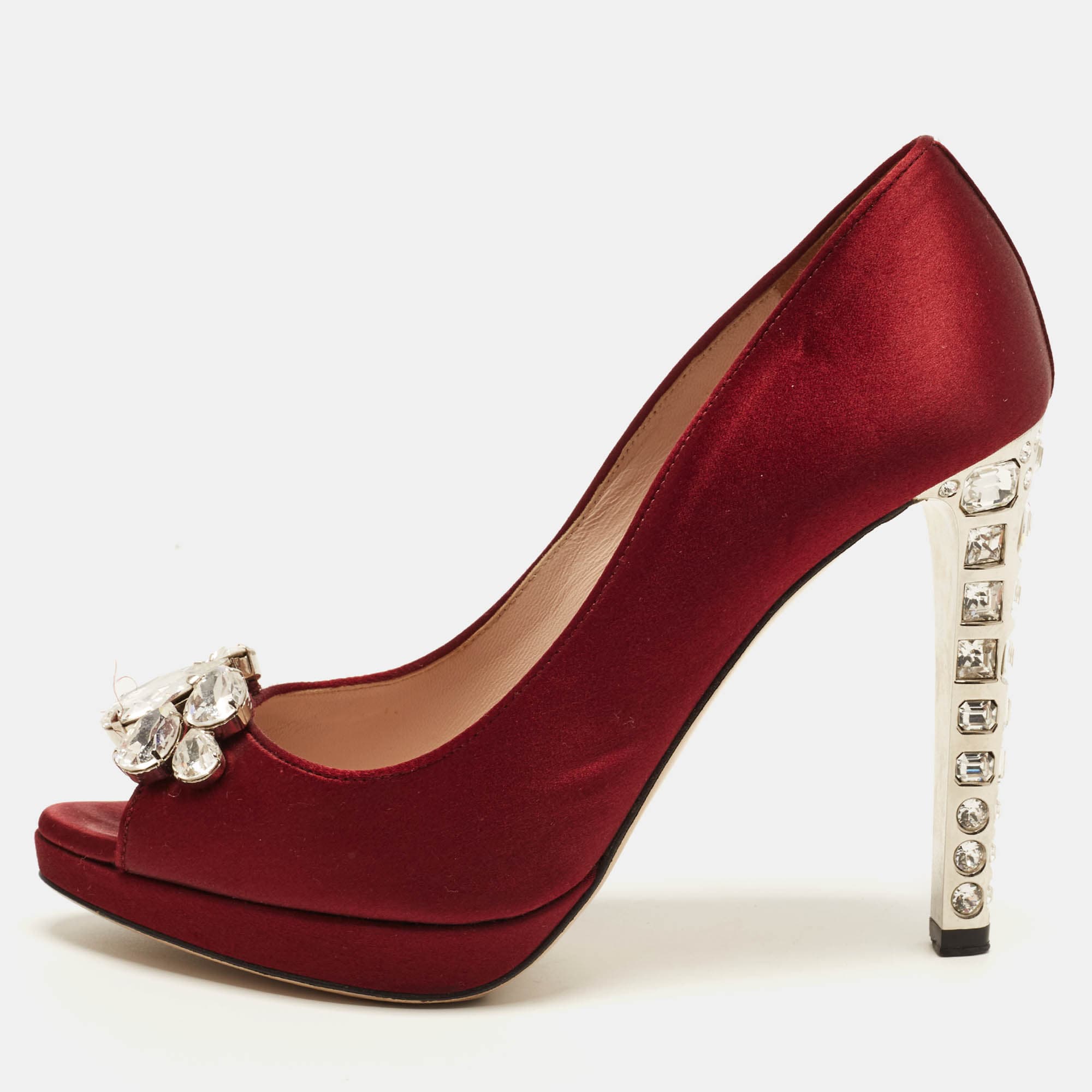 Miu Miu Size 37.5 Burgundy Satin Peep Toe Pumps