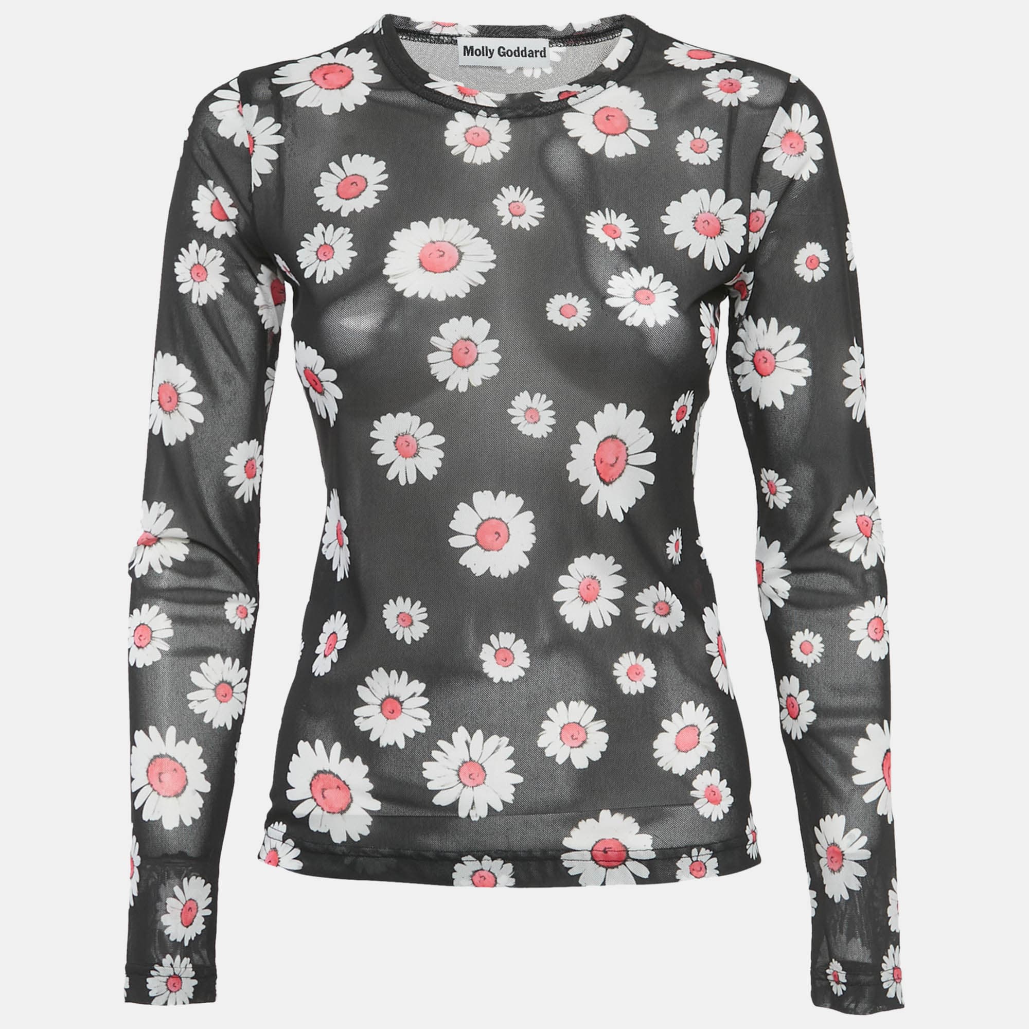 Molly Goddard Black Floral Print Stretch Knit Sheer Top M