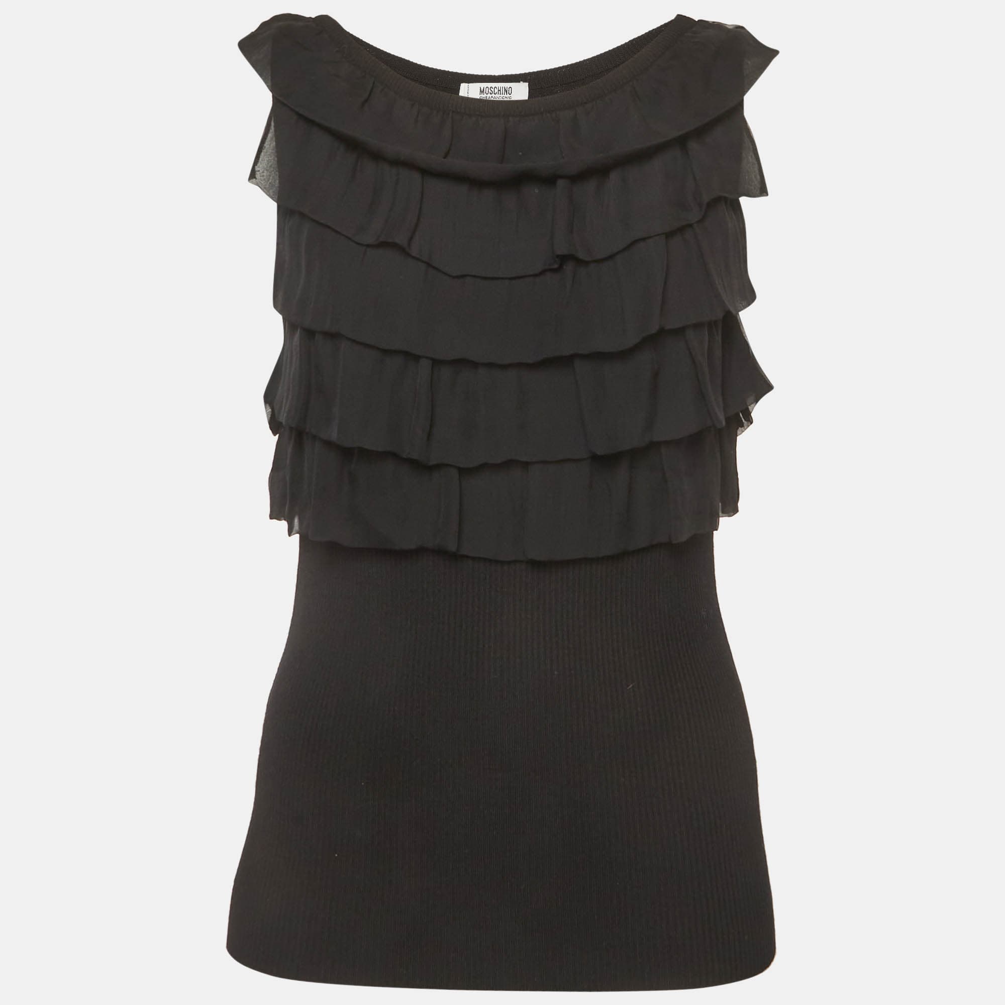 Moschino Cheap and Chic Black Rib Knit and Chiffon Ruffle Top L