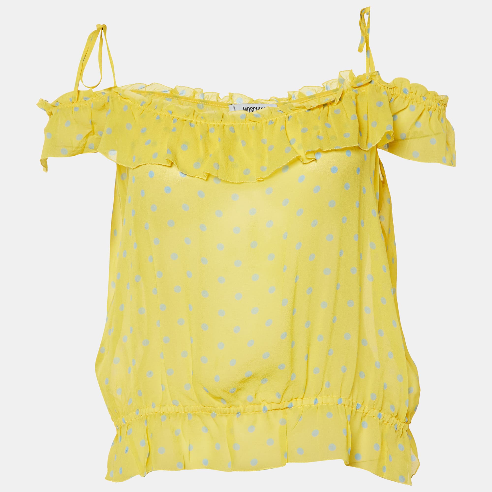 Moschino Cheap and Chic Yellow Polka Dot Printed Silk Ruffle Detail Top L