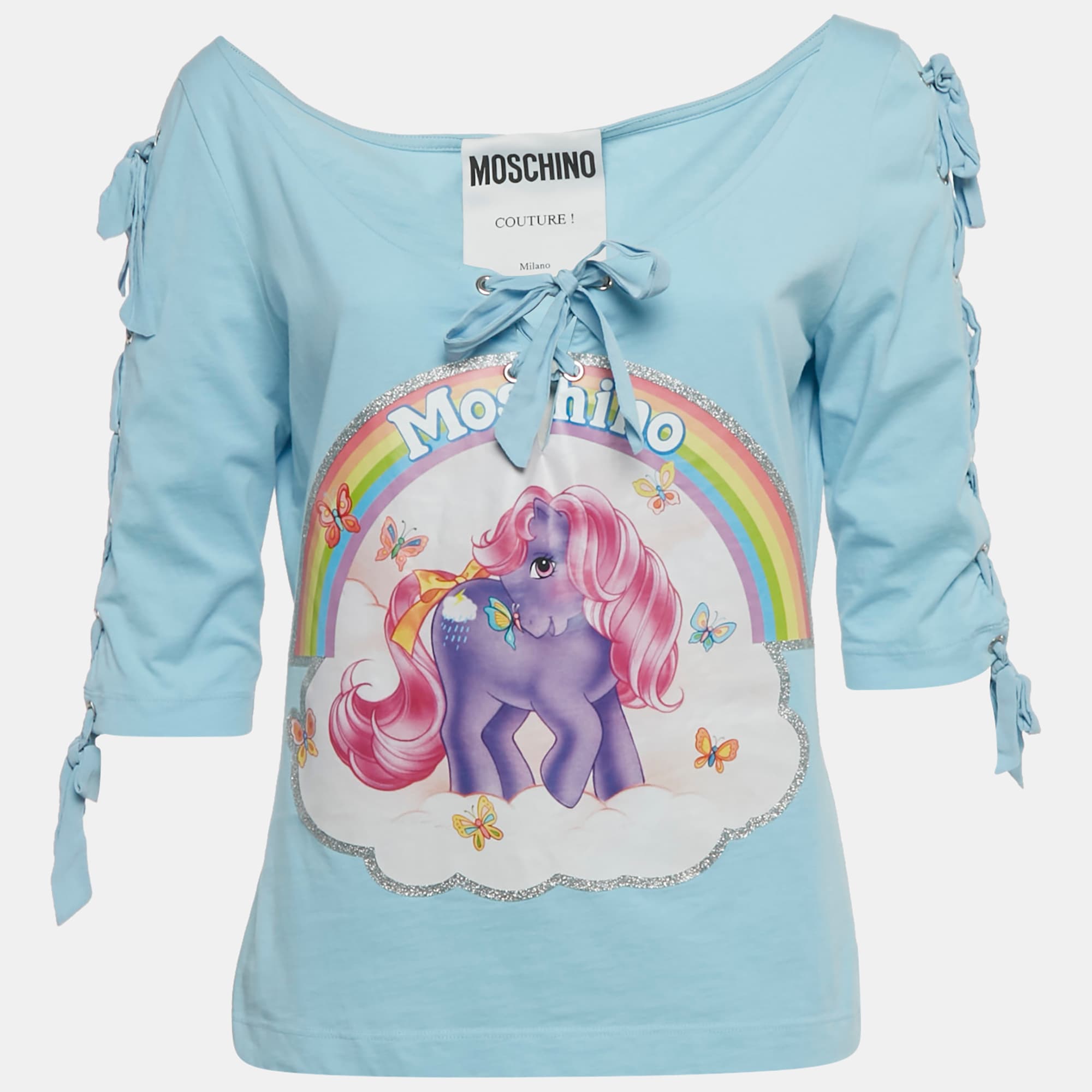 Moschino Couture Blue Pony Print Cotton Knit Lace-Up Detail Top L