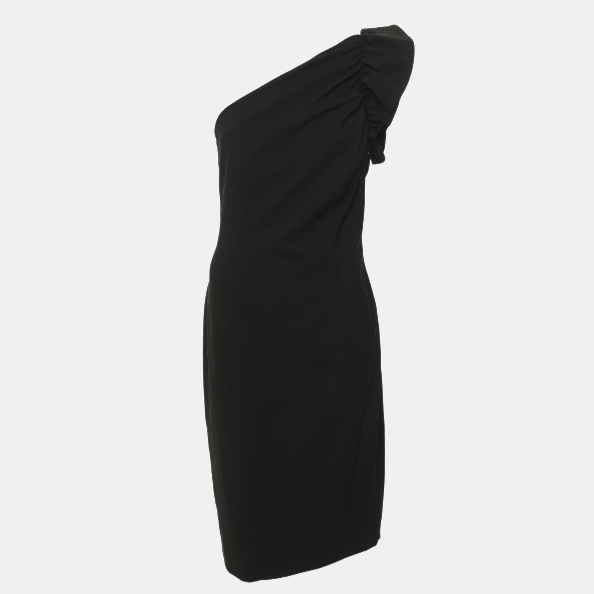 Moschino Cheap and Chic Black Wool Blend Ruched Detail One Shoulder Mini Dress S