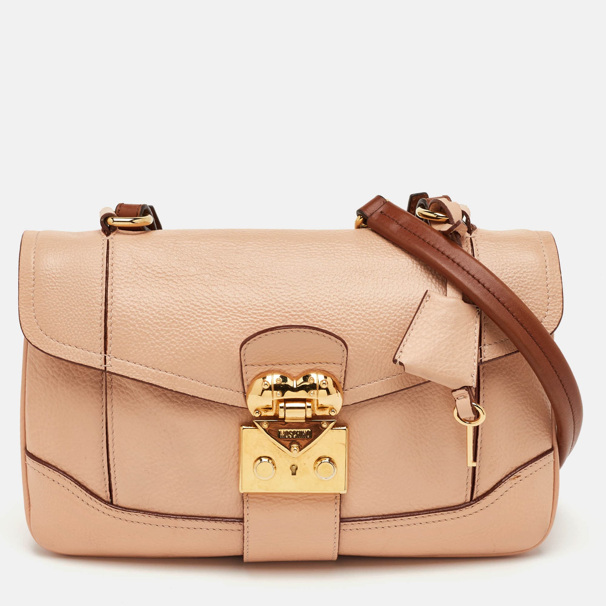 Moschino Hidden Lock Beige/Brown Leather Shoulder Bag