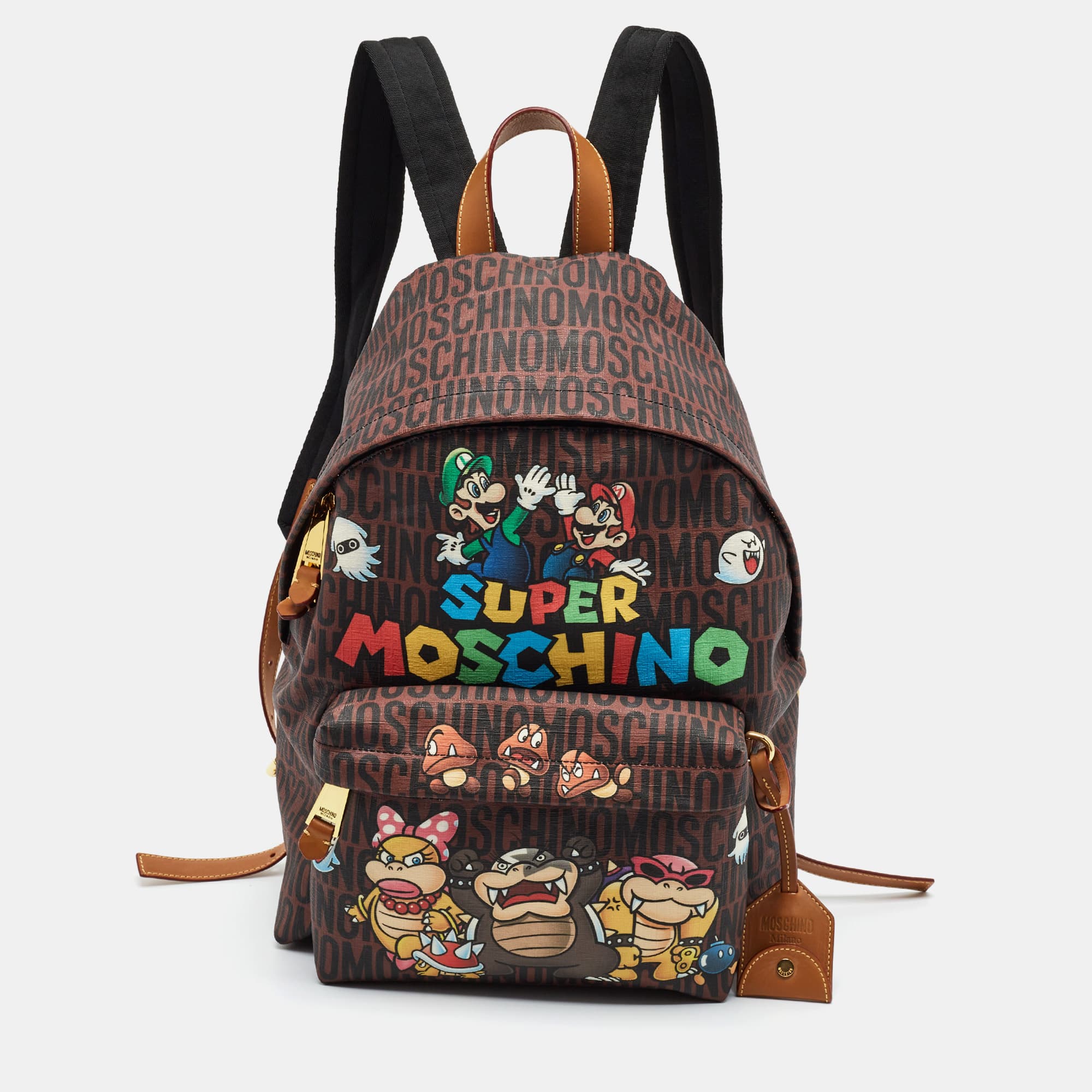 Moschino Super Moschino Brown Logo Print Coated Canvas and Leather Backpack