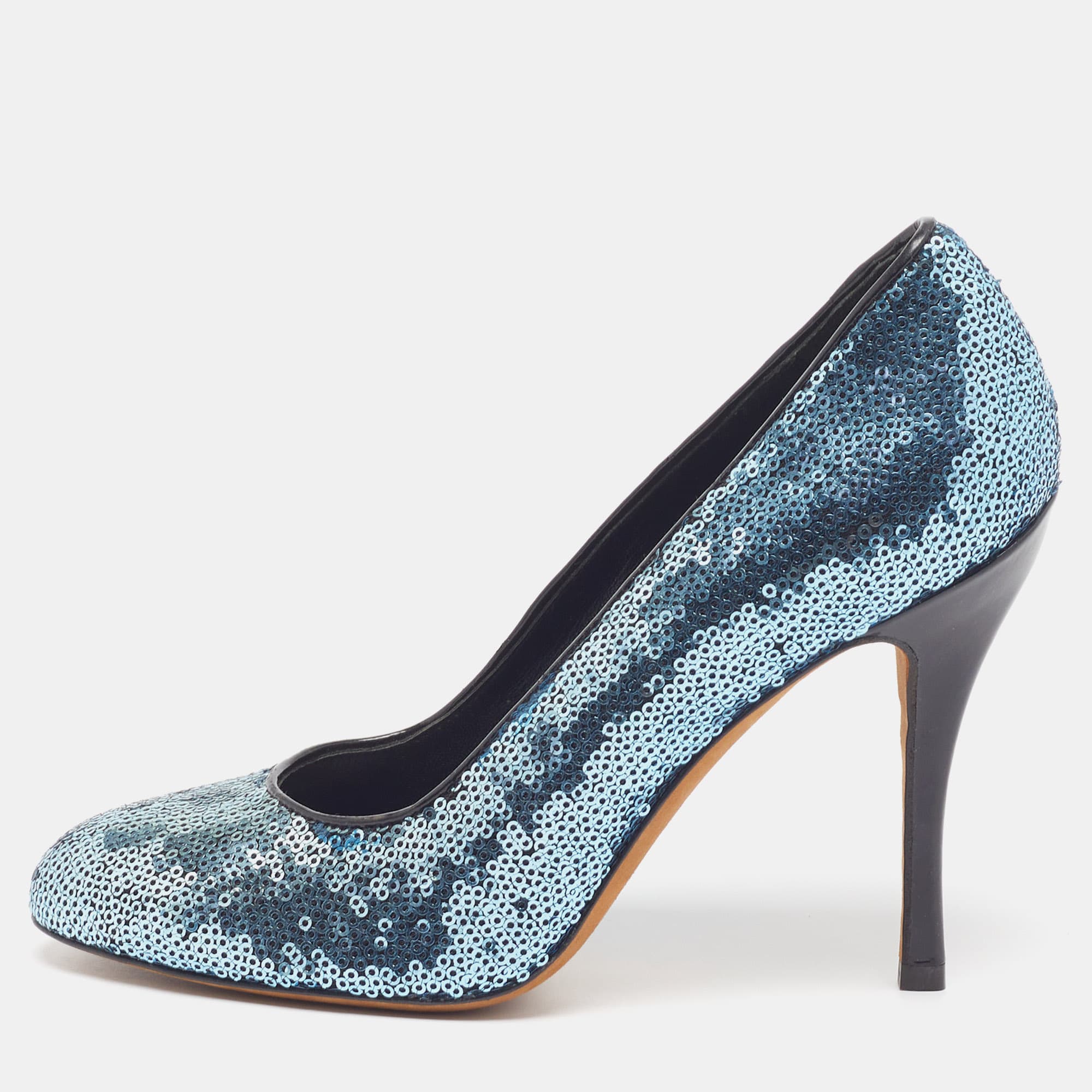 Moschino Size 37.5 Blue Sequins Round Toe Pumps
