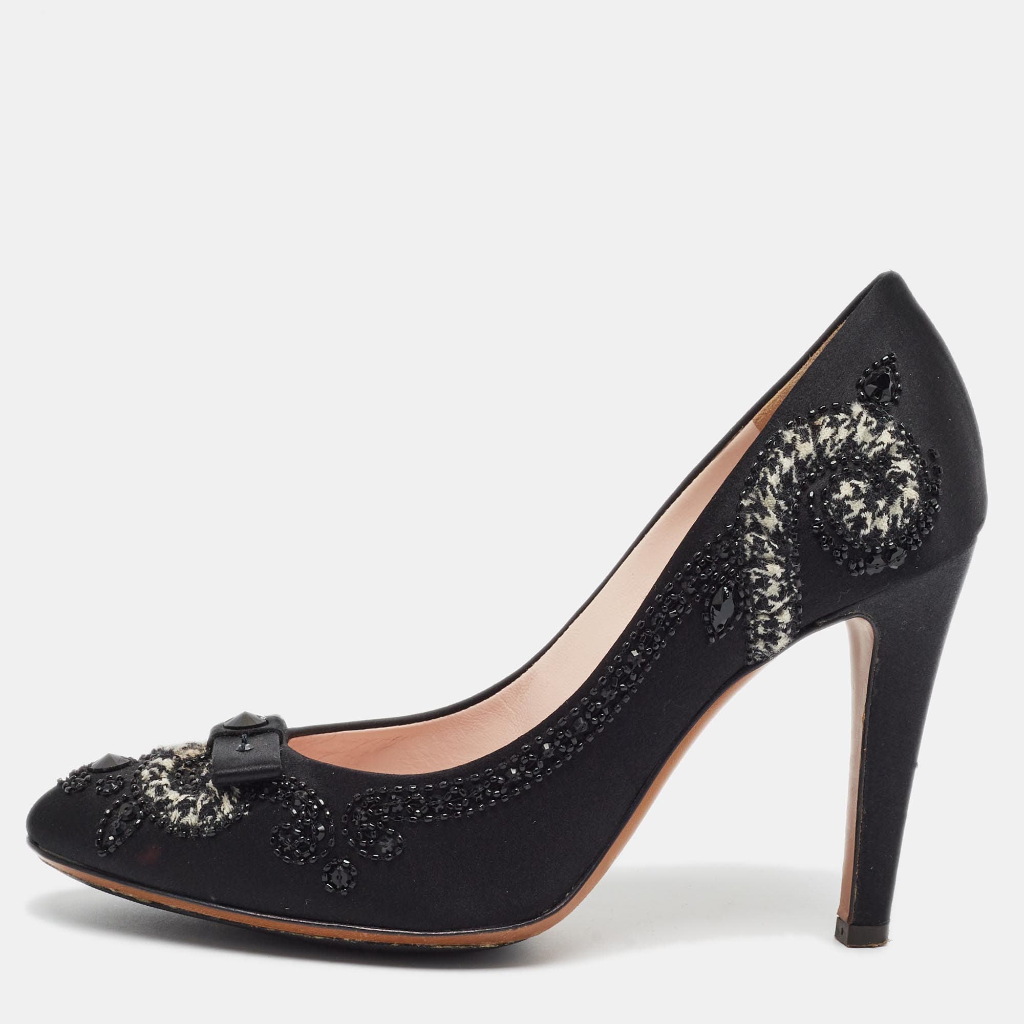 Moschino Size 37 Black Satin Embellished Pumps