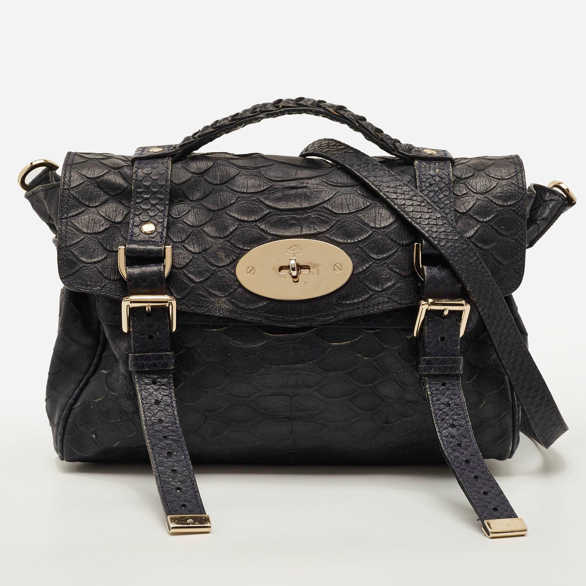 Mulberry Alexa Navy Blue Python Embossed Leather Bag