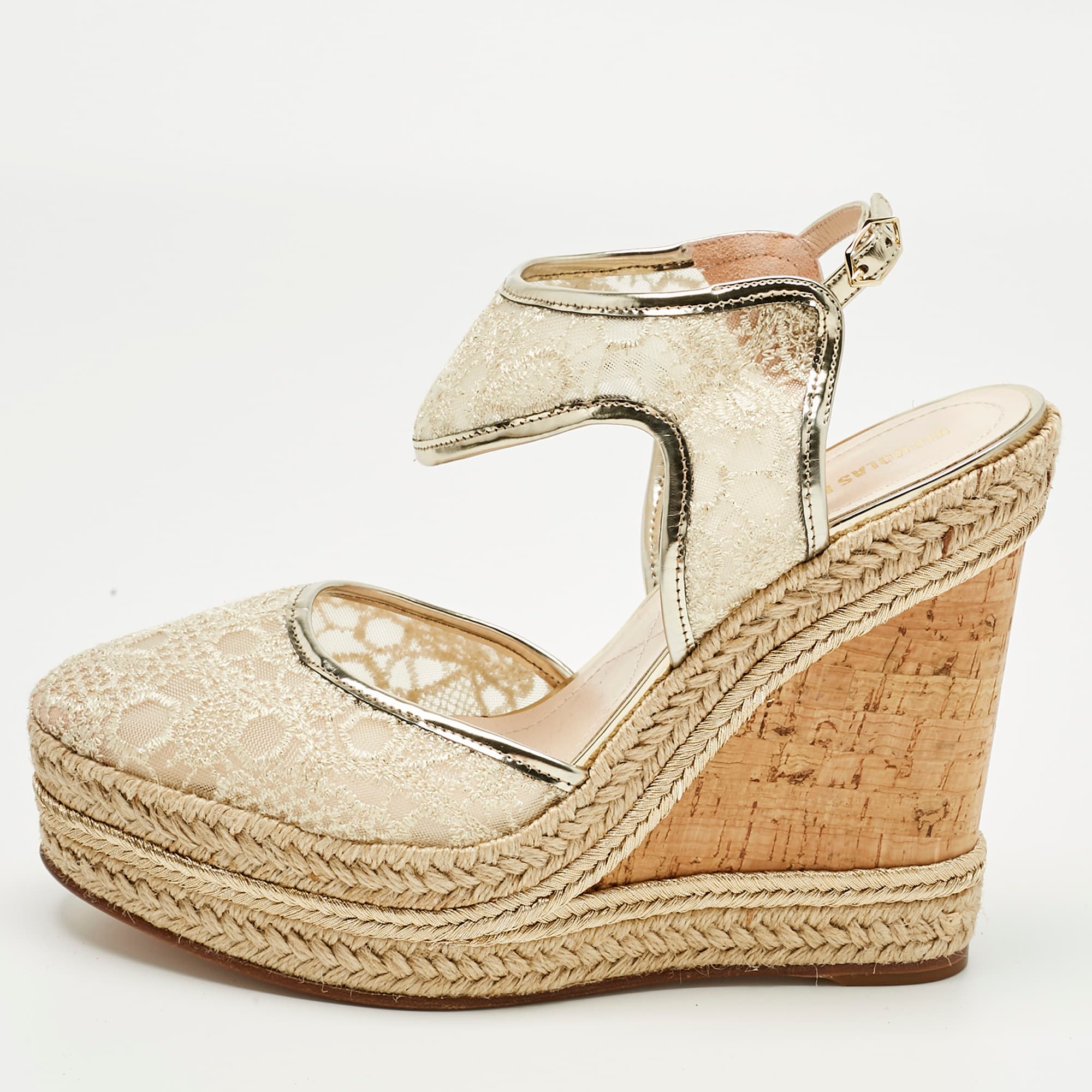Nicholas Kirkwood Gold Lace and Leather Platform Wedge Ankle Strap Espadrilles Size 39.5