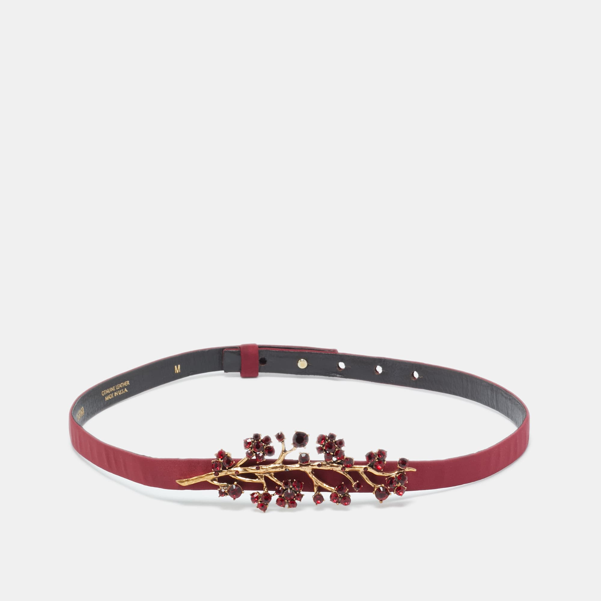 Oscar de la Renta Burgundy Satin Crystal Embellished Slim Belt M