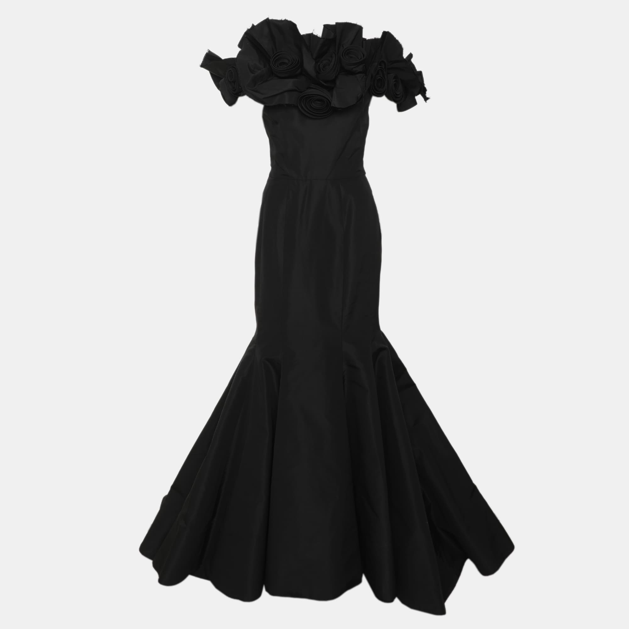Oscar de la Renta Black Floral Appliqué Long Gown S