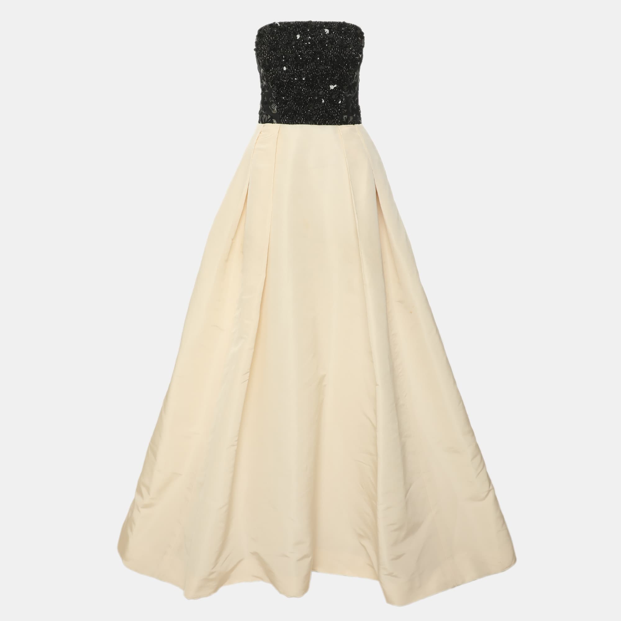 Oscar de la Renta Light Beige/Black Strapless Beaded Lace and Silk Blend Faille Gown M