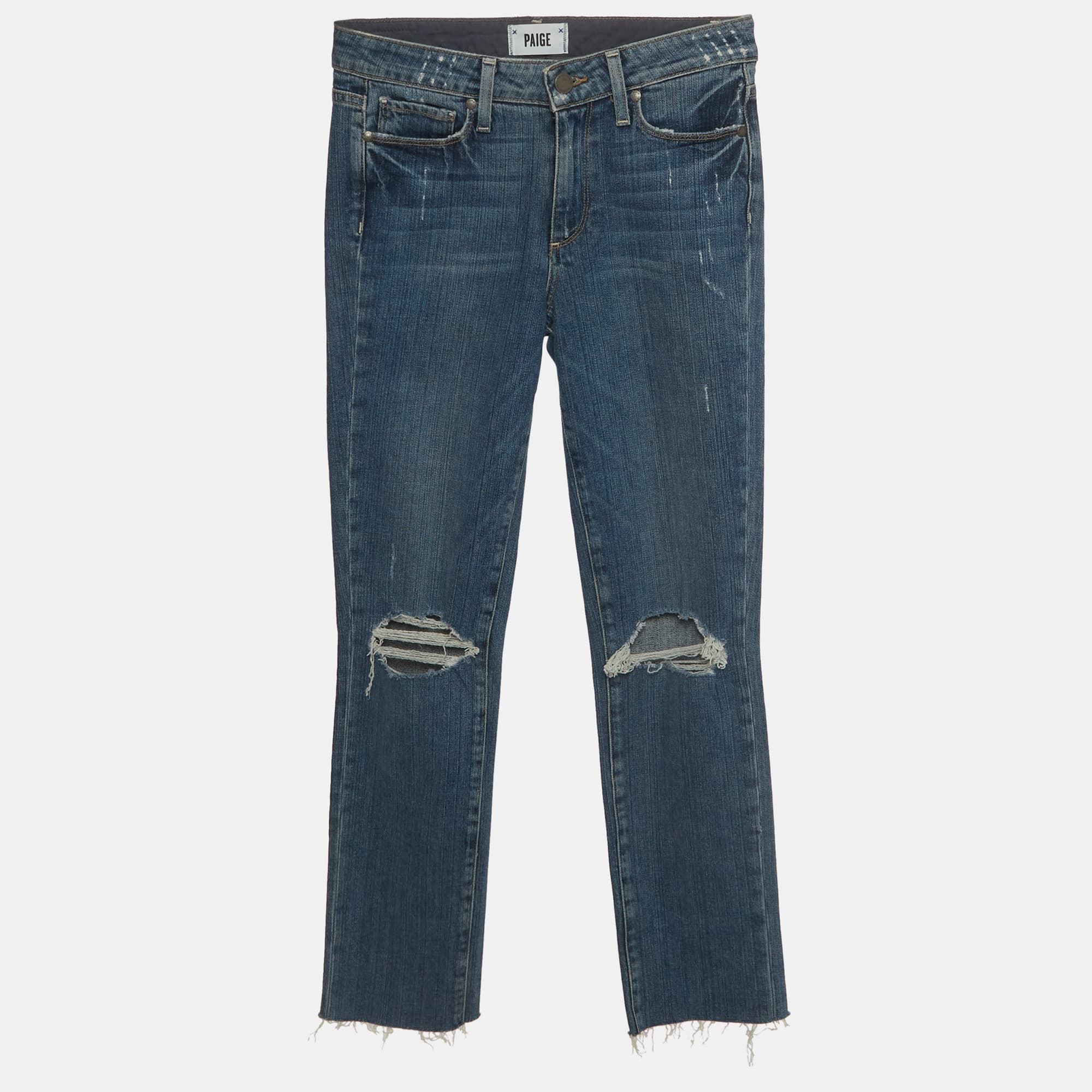 Paige Blue Denim Distressed Straight Fit Jeans XS/ Waist 27.5"