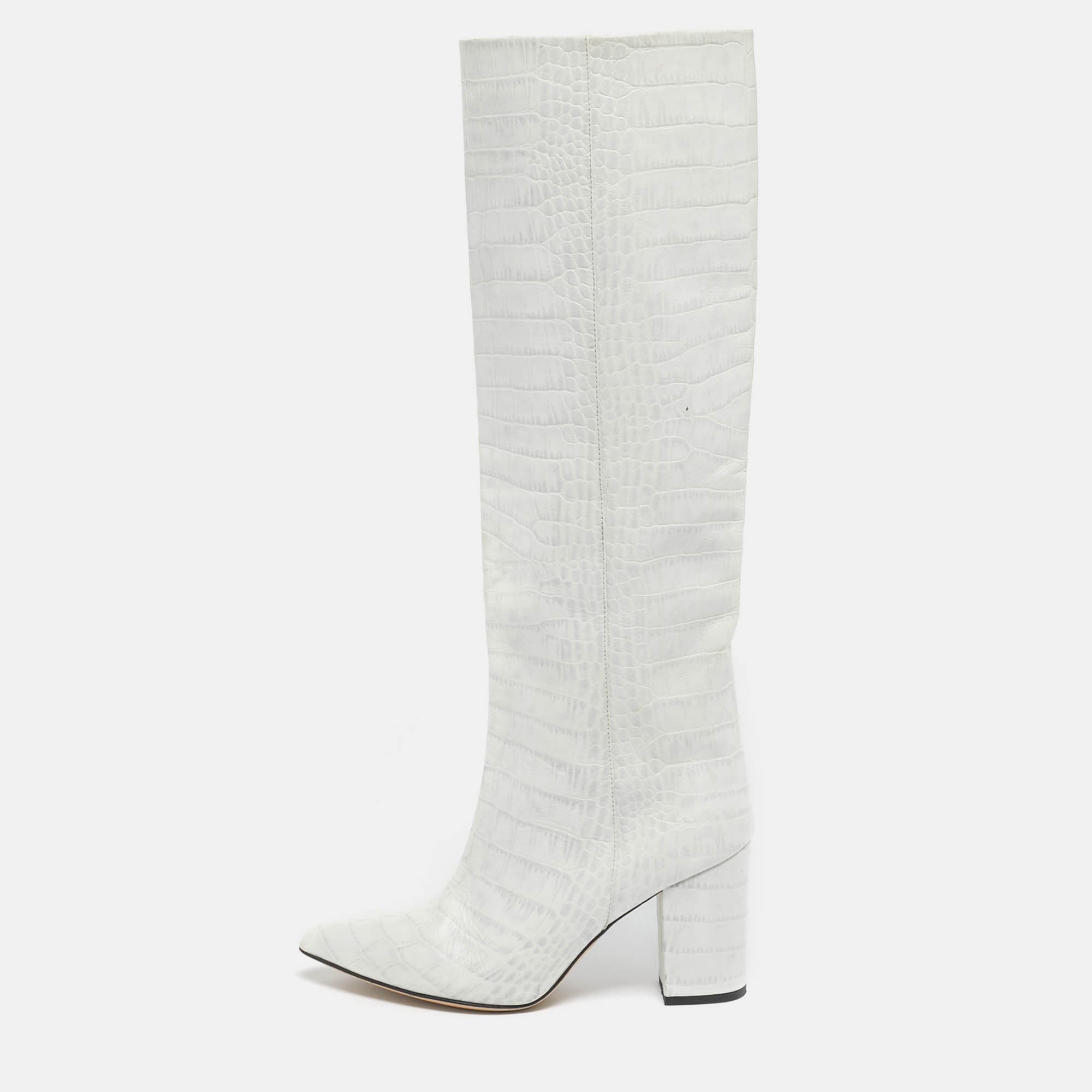 Paris Texas Size 38 White Croc Embossed Leather Knee Length Boots