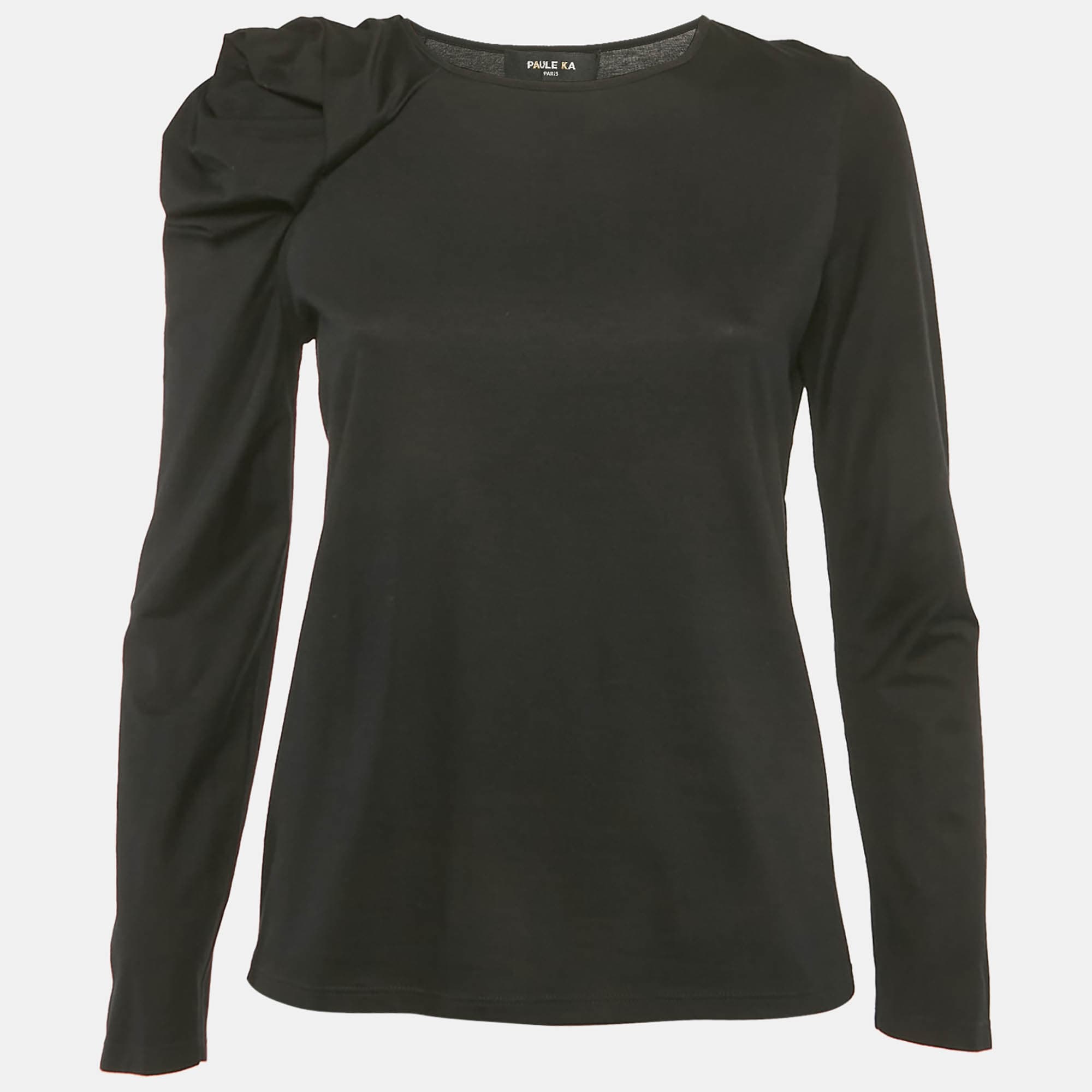 Paule Ka Black Cotton Ruched Sleeve Top L