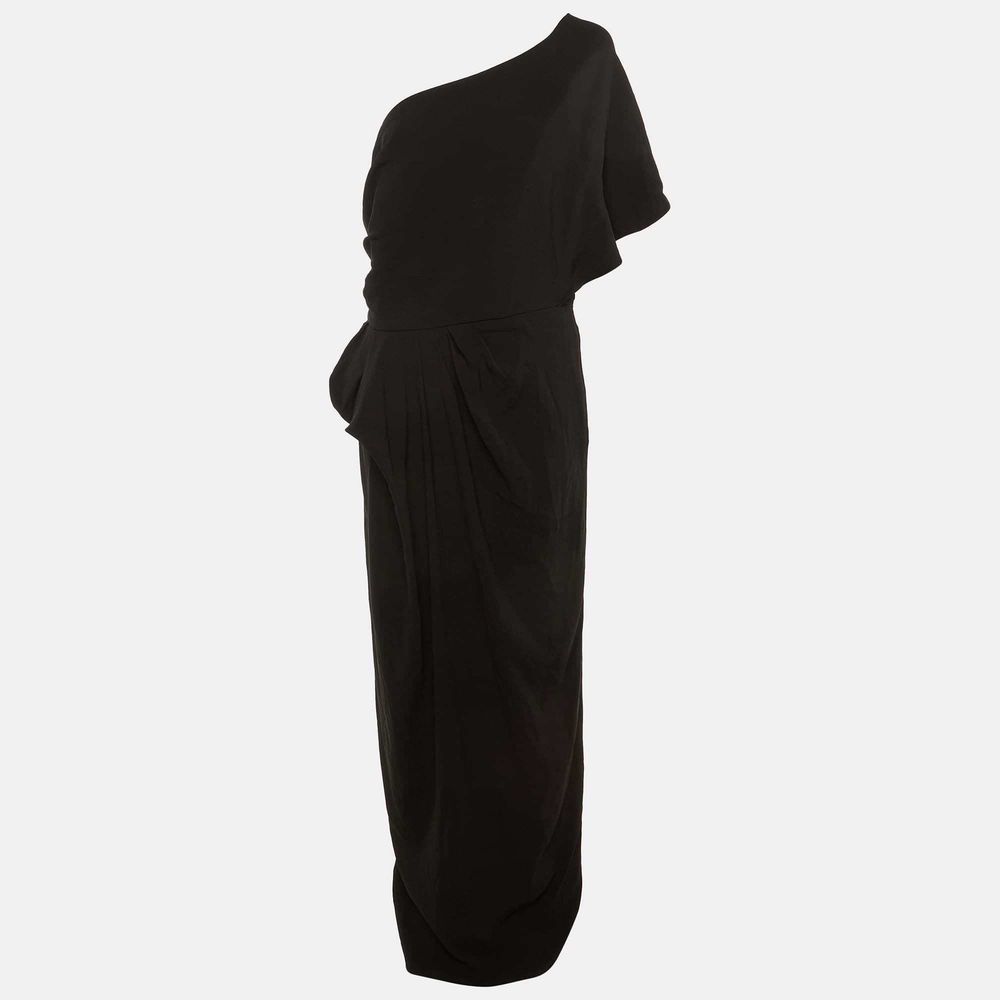 Paule Ka Black Crepe One Shoulder Maxi Dress XL