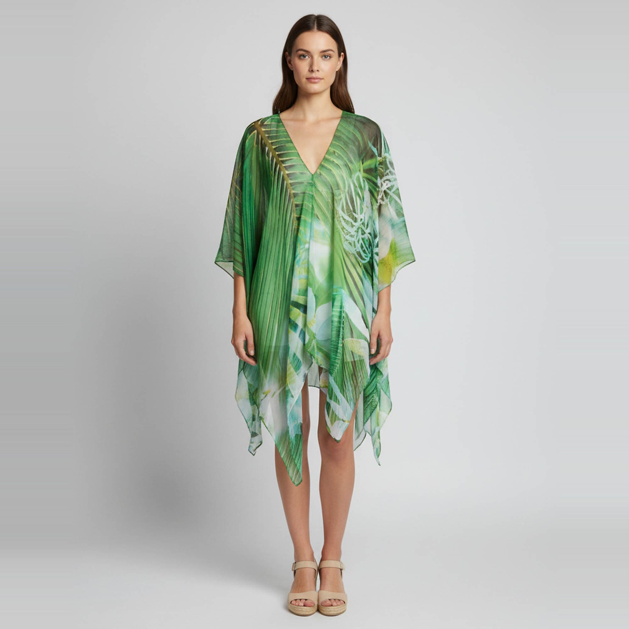 Peace by Lotta Stensson Green Tropical Print Chiffon Kaftan Beach Cover Up S