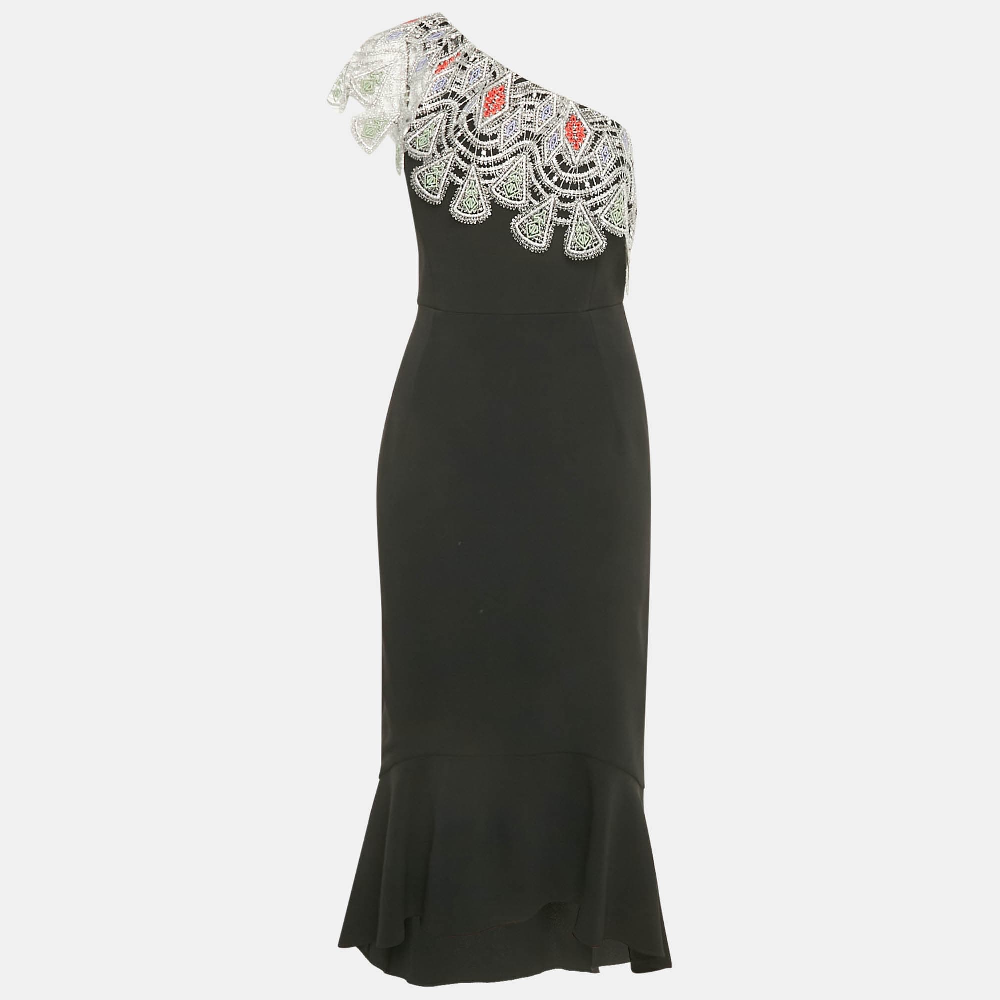 Peter Pilotto Black Crepe Lace Overlay One Shoulder Midi Dress L