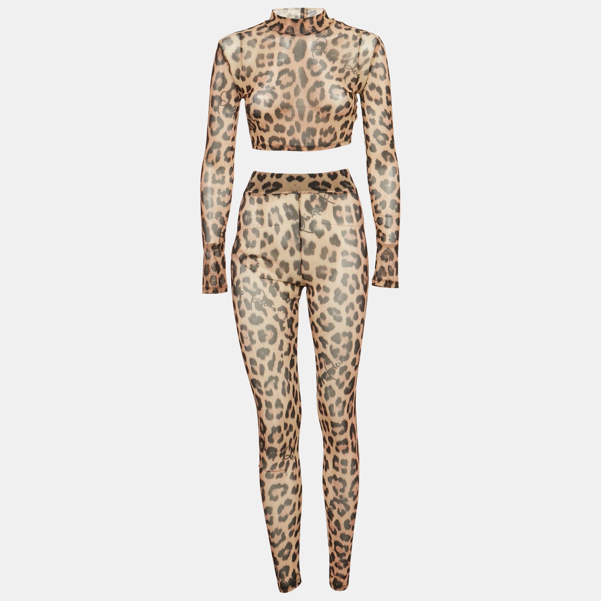 Philipp Plein Leopard Print Stretch Mesh Semi Sheer Top and Leggings Set S