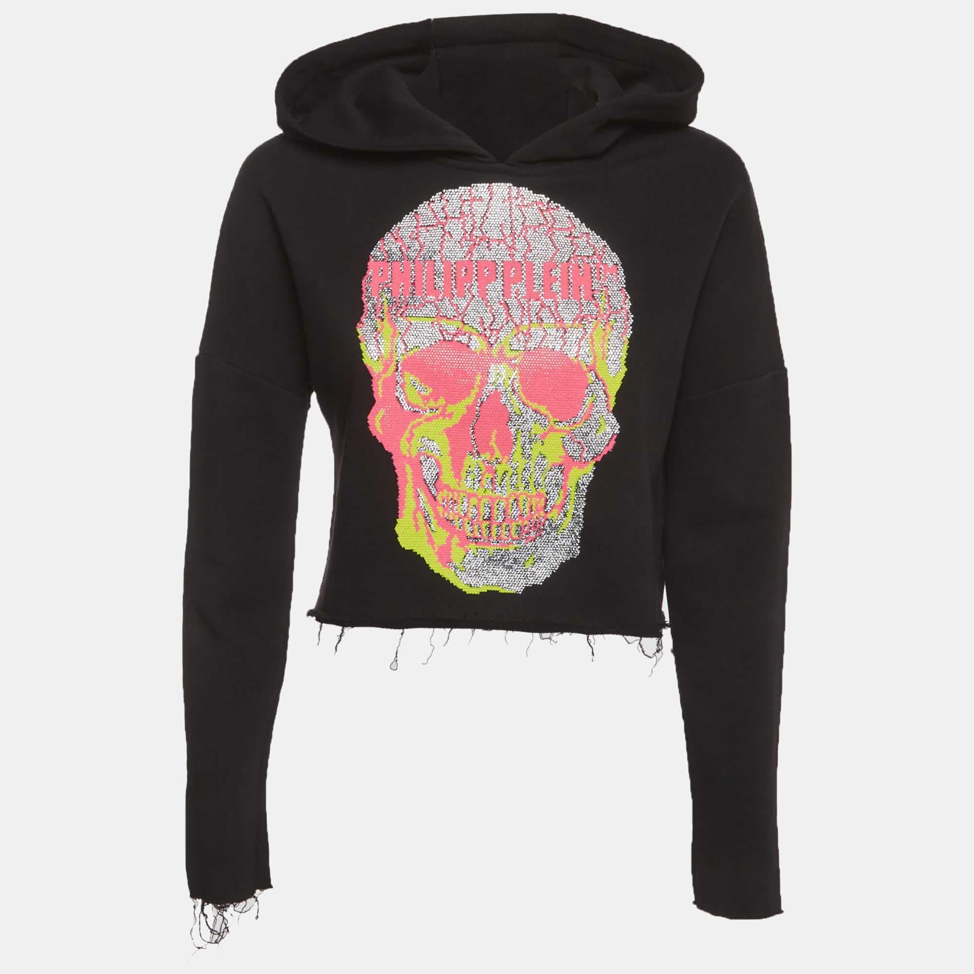 Philip Plein Couture Black Embellished Cotton Knit Hoodie XS