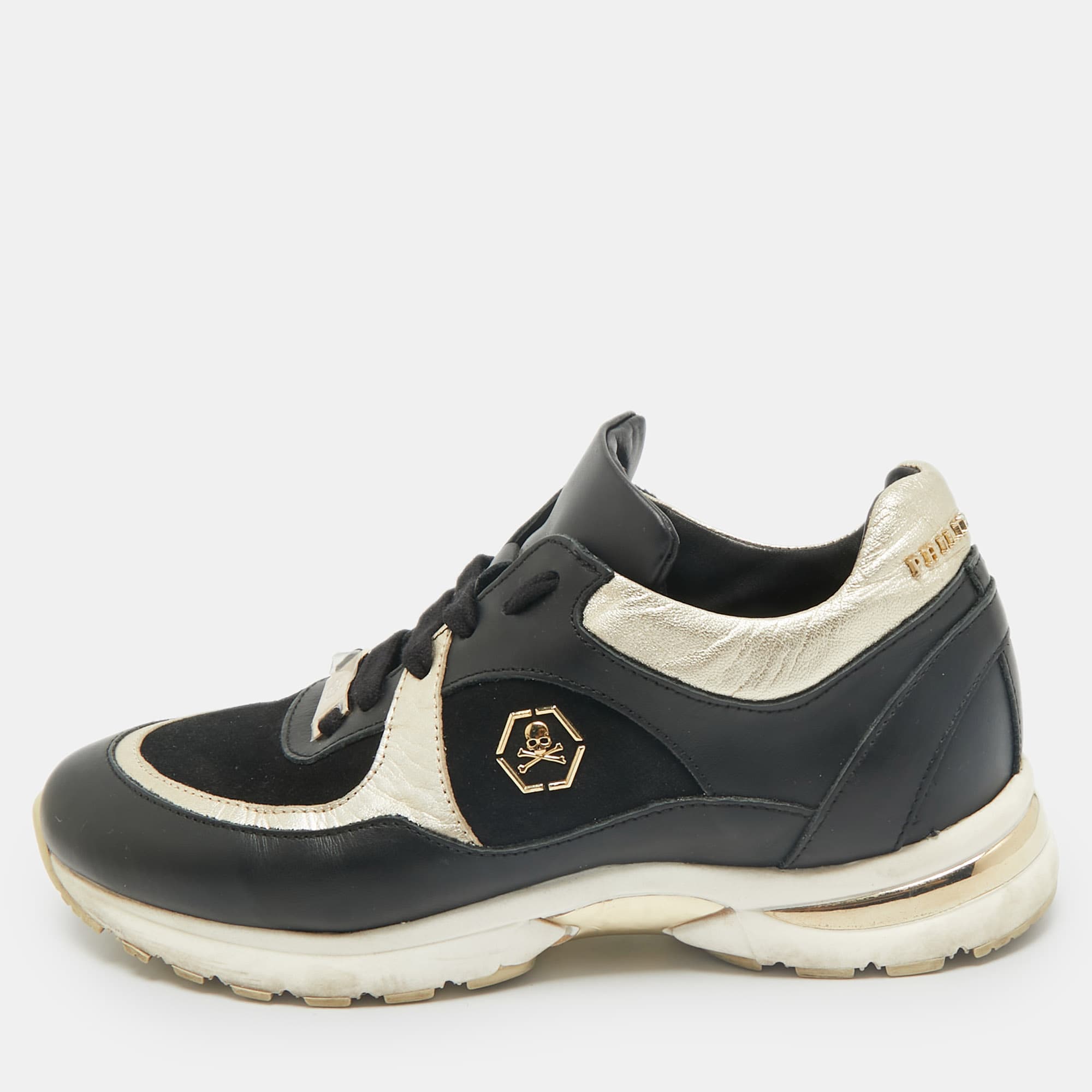 Philipp Plein Black/Gold Leather and Suede Low Top Sneakers Size 38