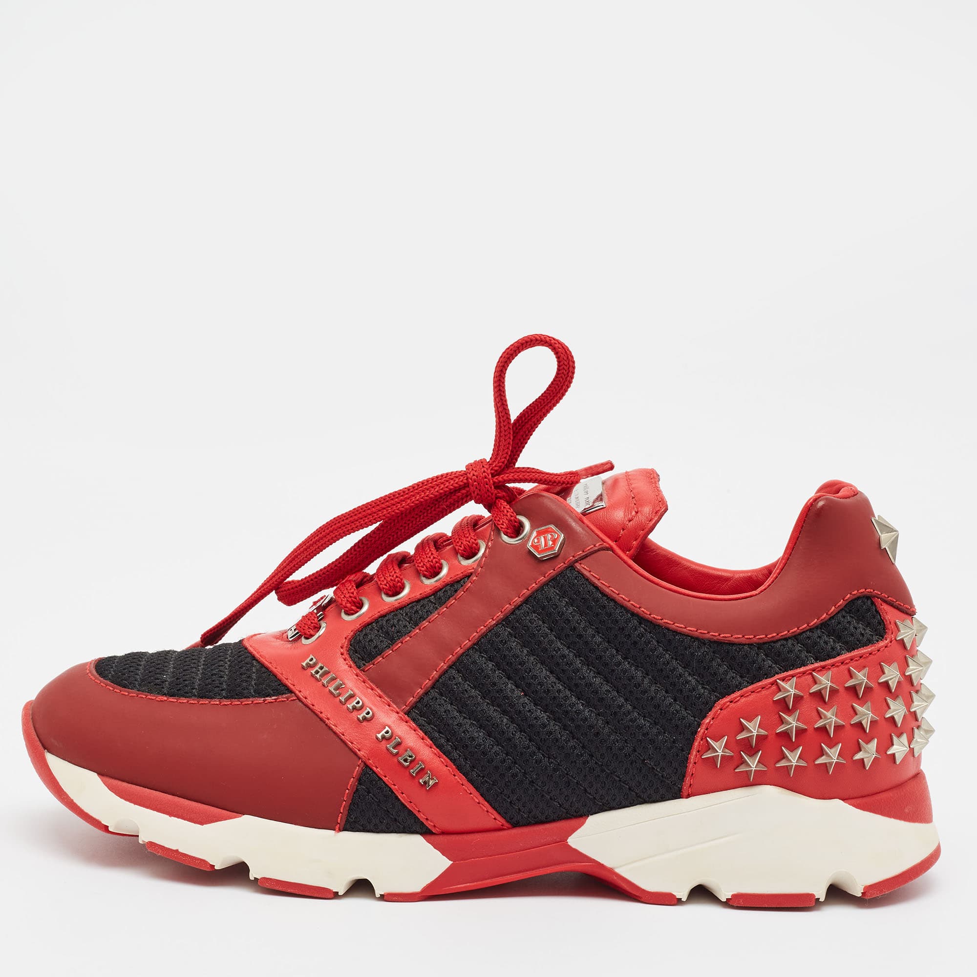 Philipp Plein Trainer Size 39 Black/Red Knit Fabric and Leather Lace Up Sneakers