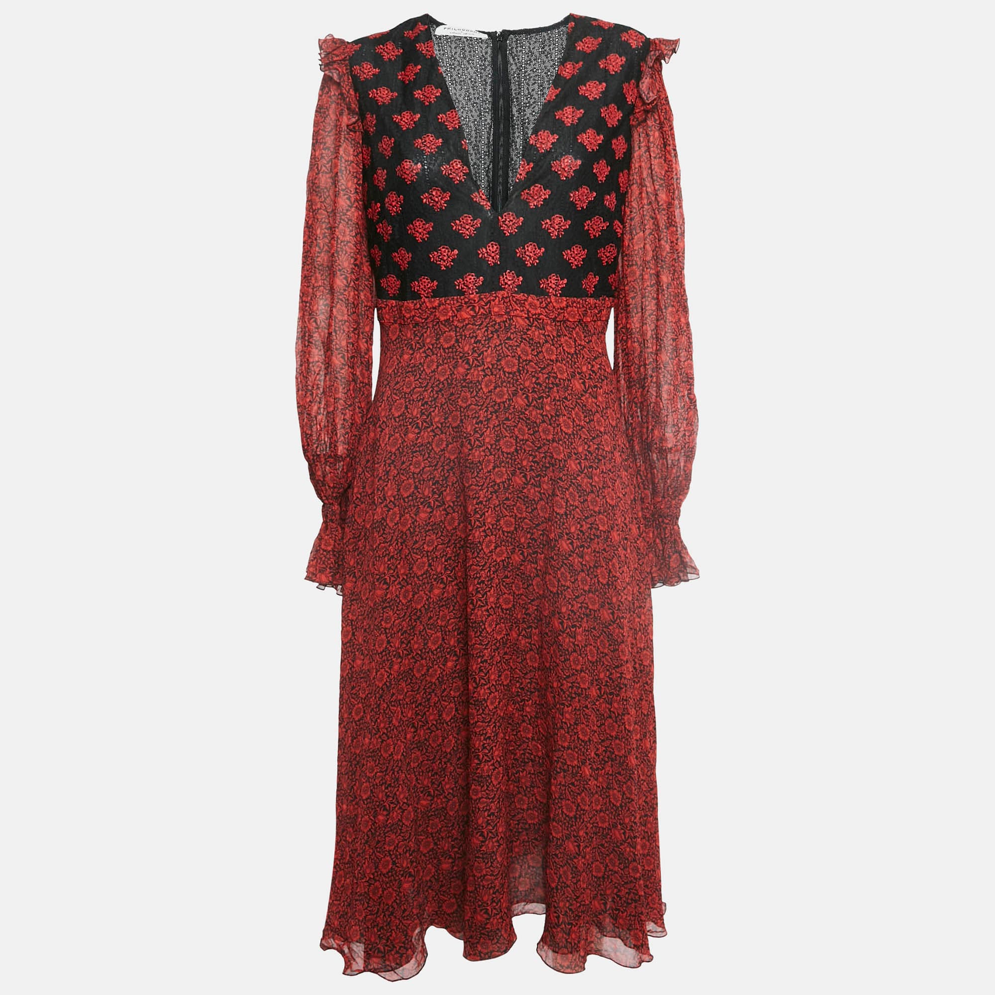 Philosophy di Lorenzo Serafini Red Printed Crepe V Neck William Morris Dress M