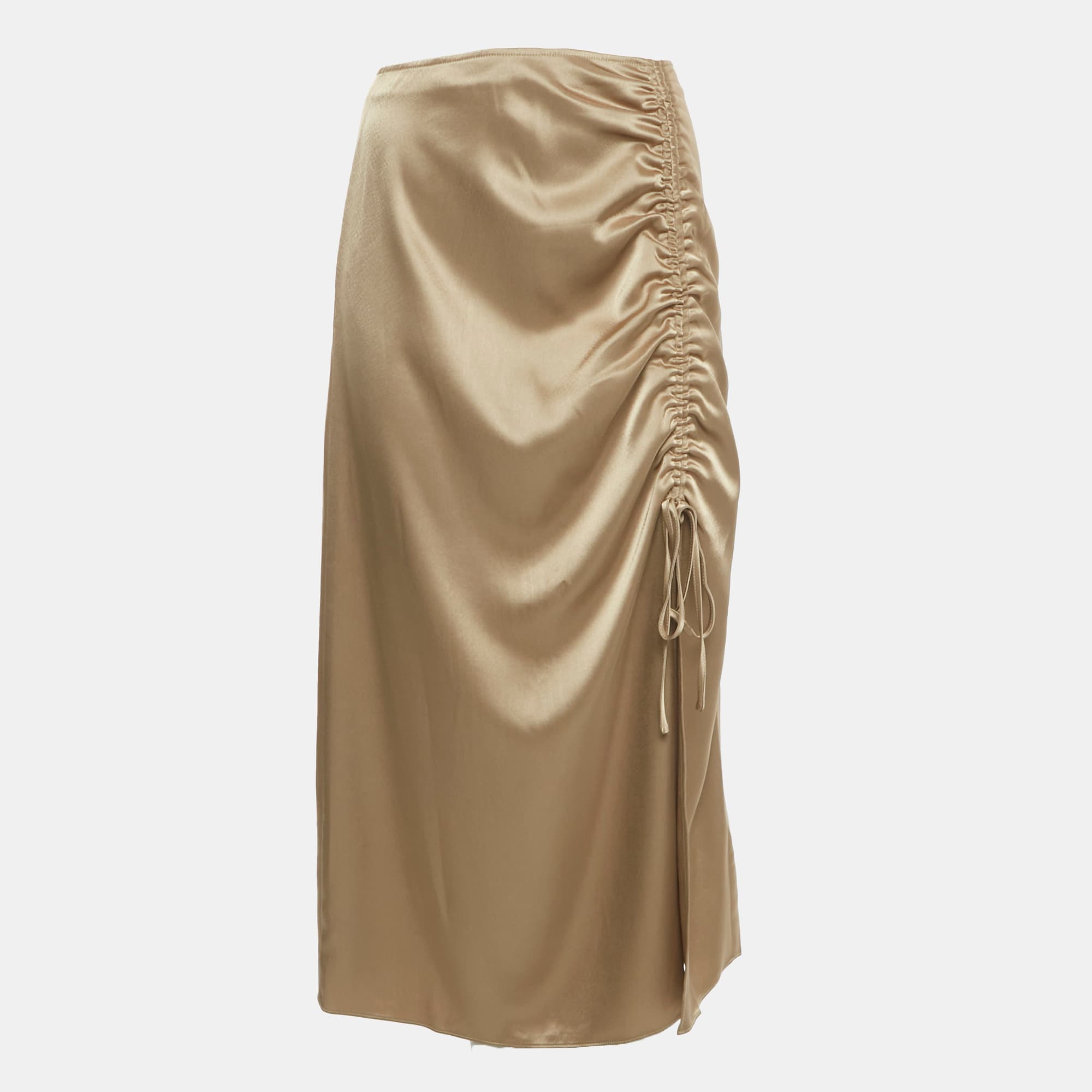 Polo Ralph Lauren Gold Satin Ruched Slit Detail Midi Skirt S