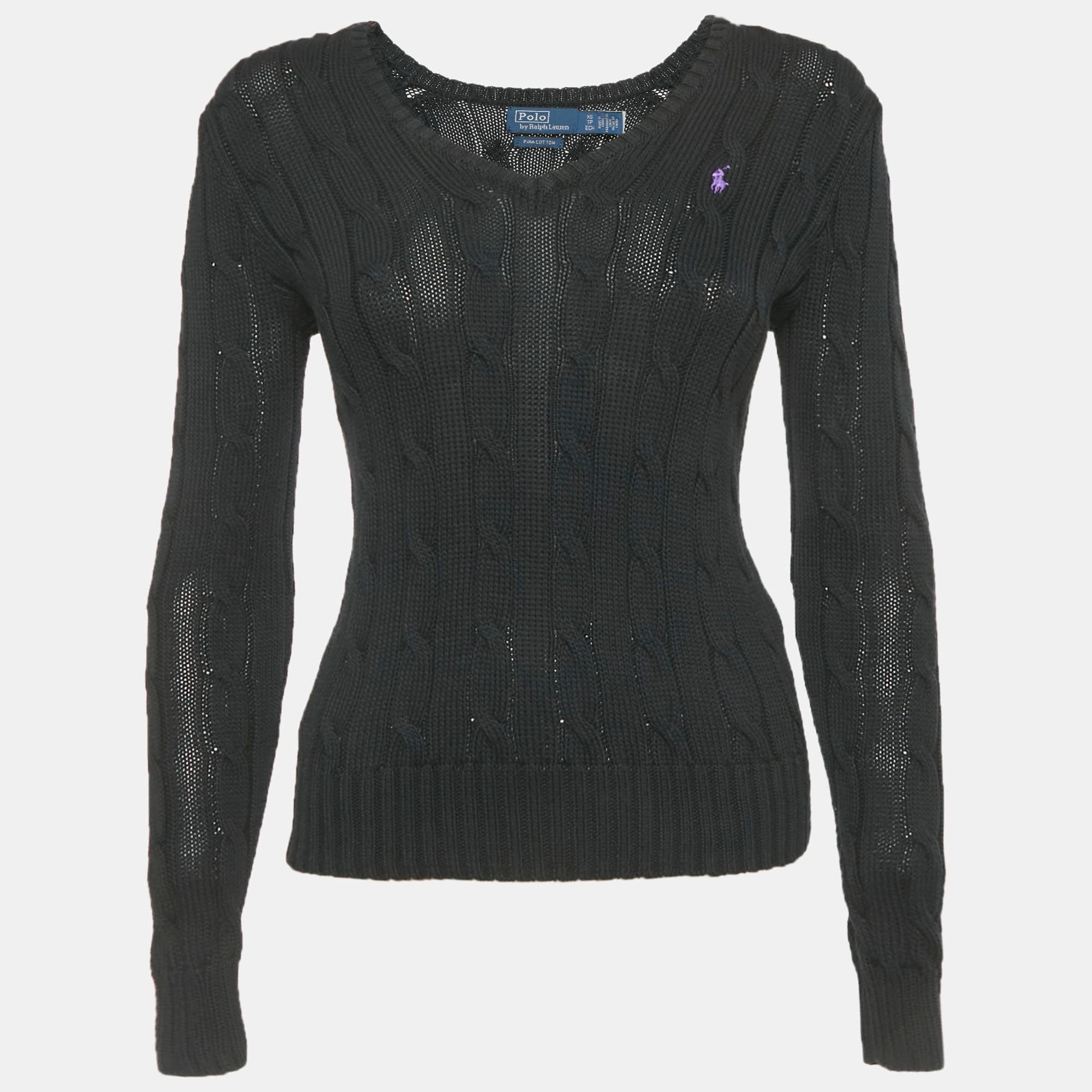 Polo Ralph Lauren Black Cable Knit V-Neck Sweater XS
