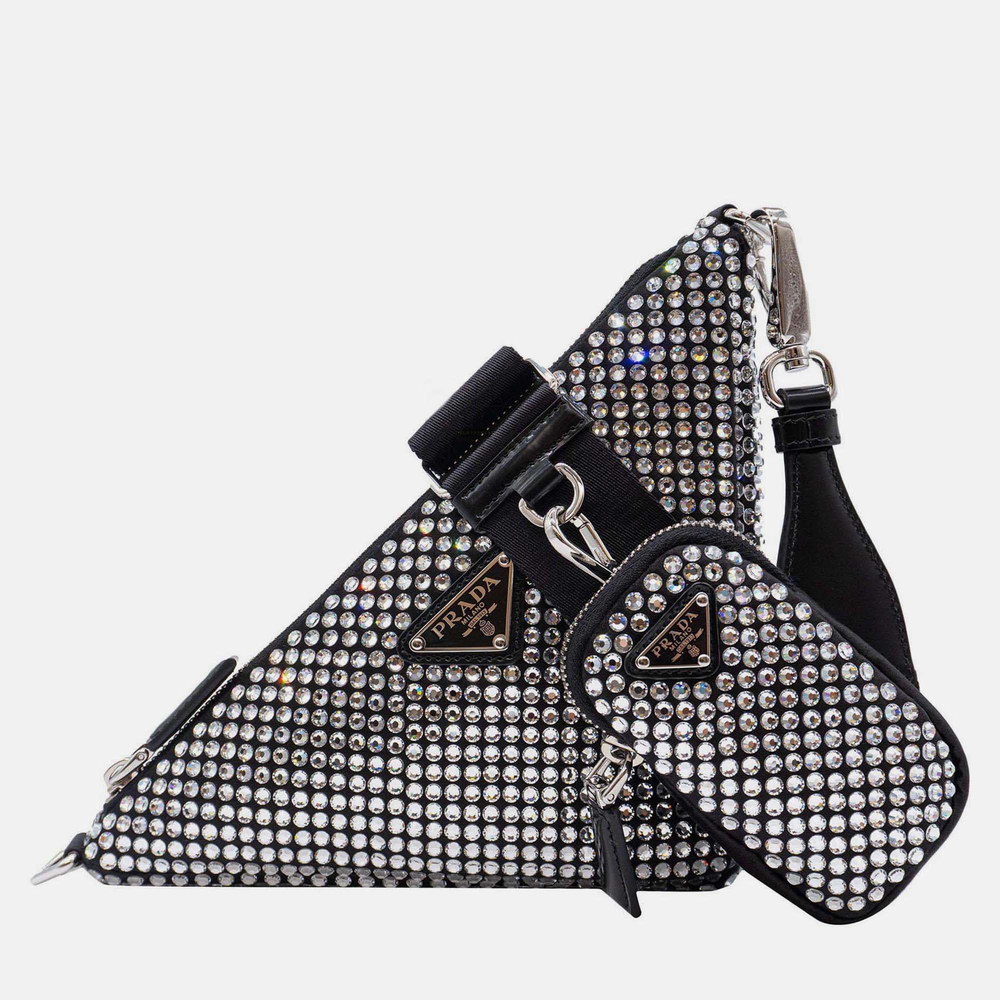 Prada Triangle Small Black Satin Crystal Shoulder Bag