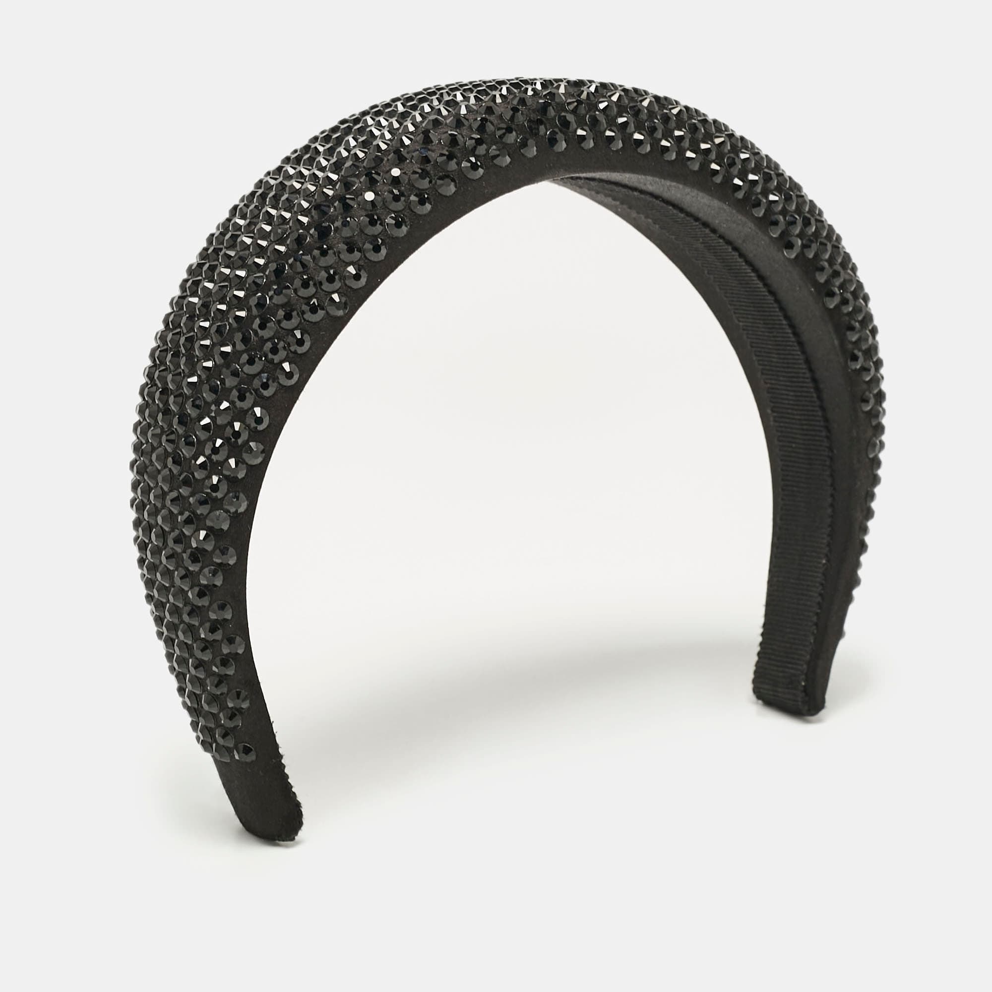 Prada Black Crystals Embellished Satin Headband