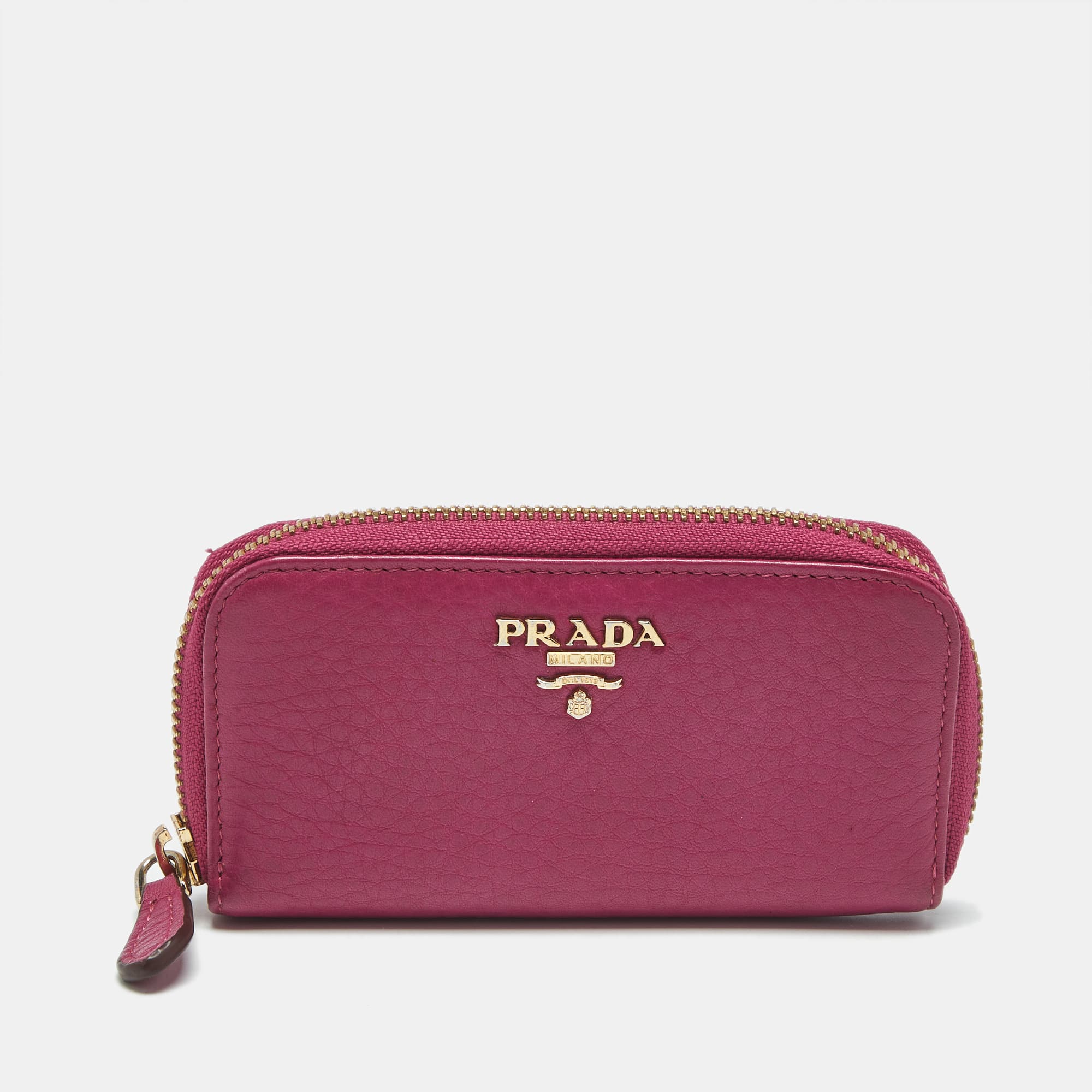 Prada Key Holder Fuchsia Vitello Daino Leather Zip Pouch