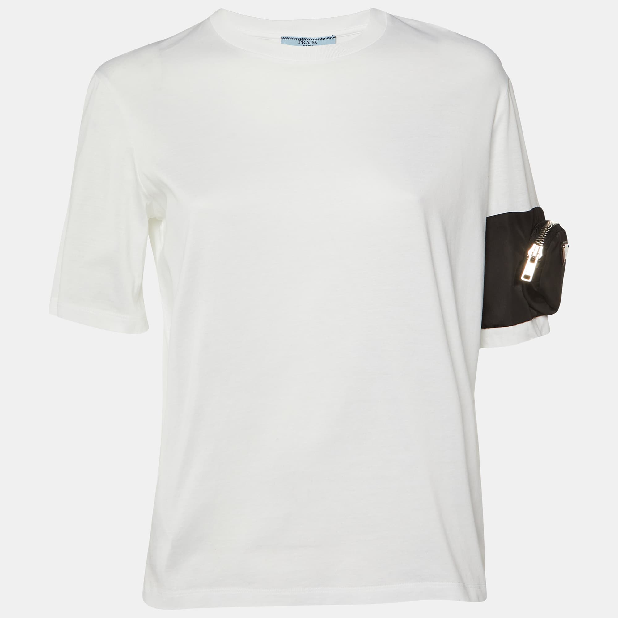 Prada White Cotton Zip Pocket Sleeve Detail Crew Neck T-Shirt S