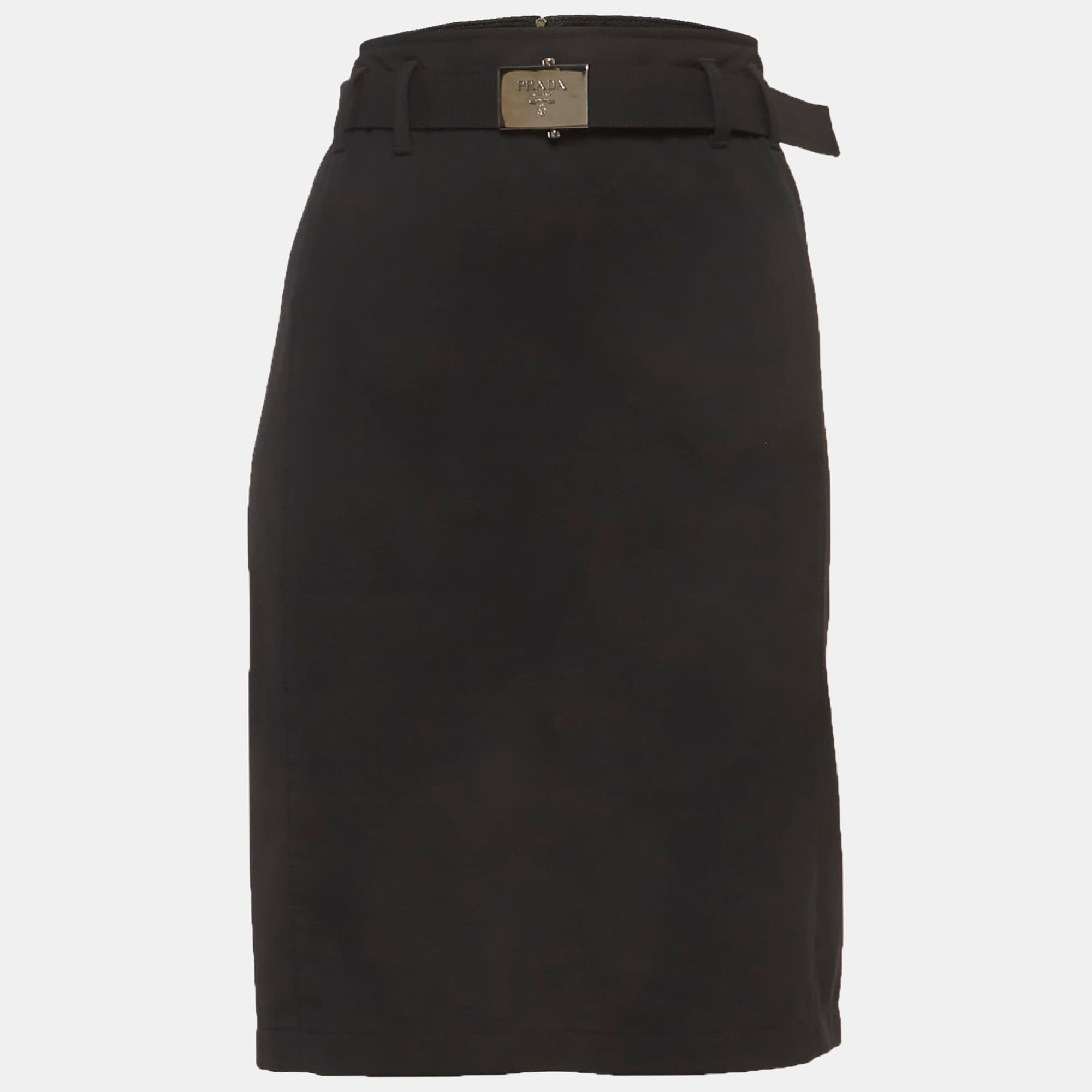 Prada Black Gabardine Belted Pencil Skirt M