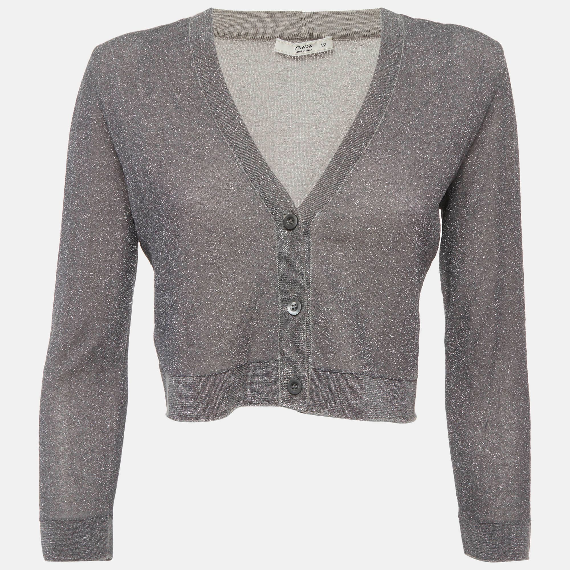 Prada Grey Lurex Knit Crop Cardigan M