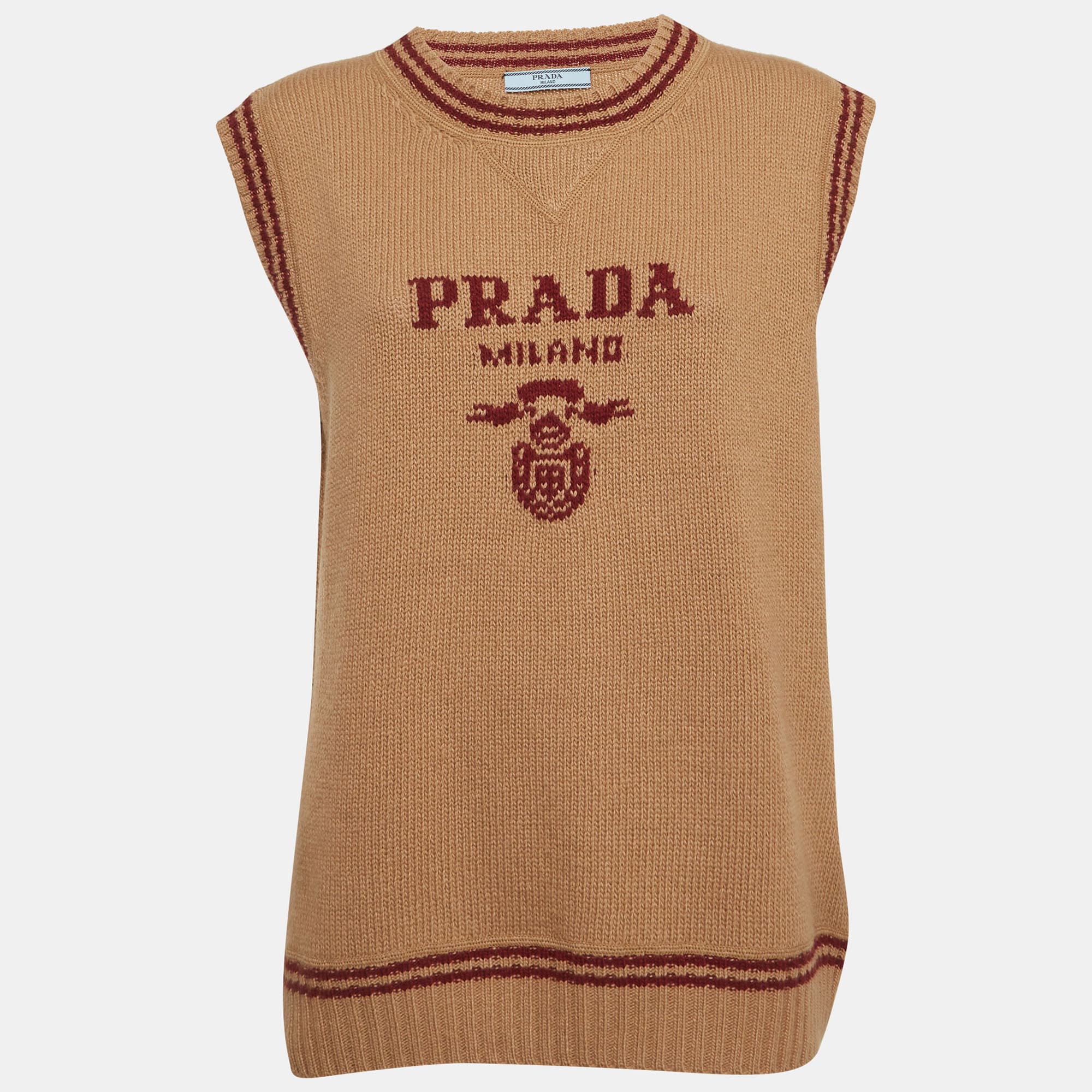 Prada Beige Logo Intarsia Rib Knit Sweater Vest M