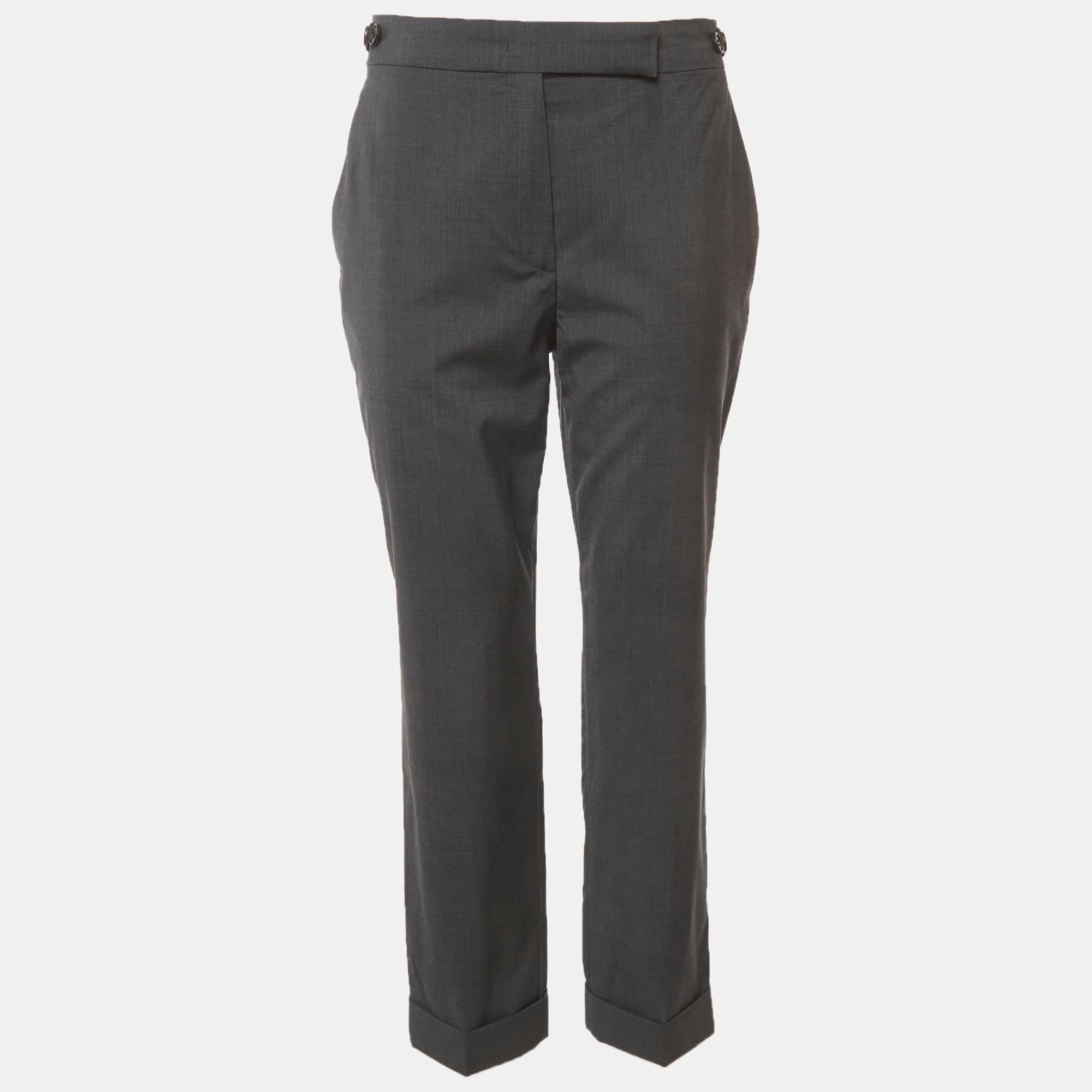 Prada Grey Wool Button-Tab Waist Straight Fit Trousers S
