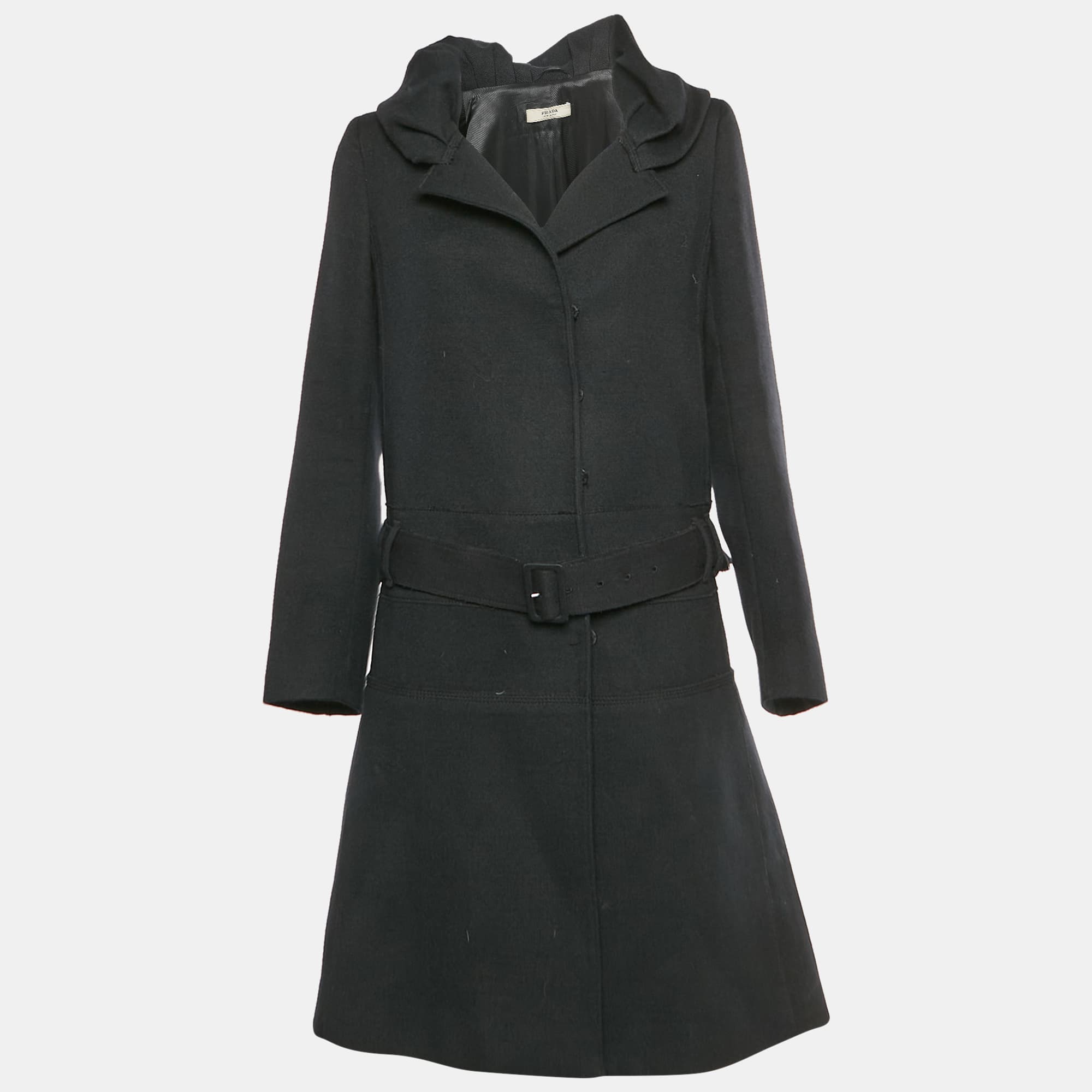 Prada Black Wool Belted Overcoat M
