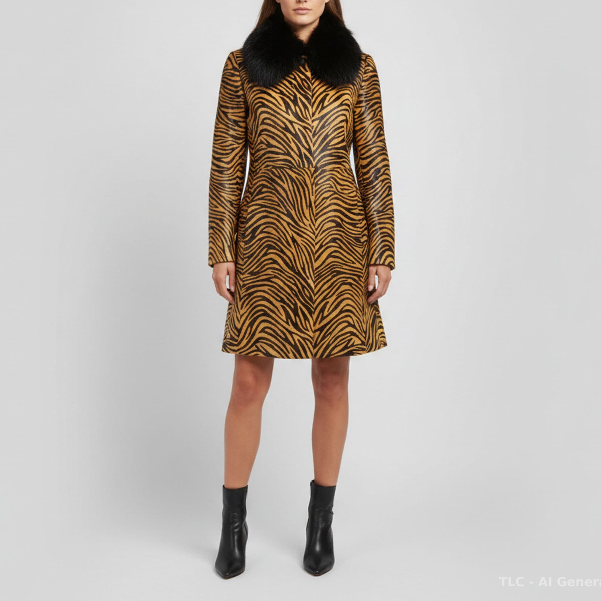 Prada Brown Tiger Print Fur Collar Mid Length Coat M