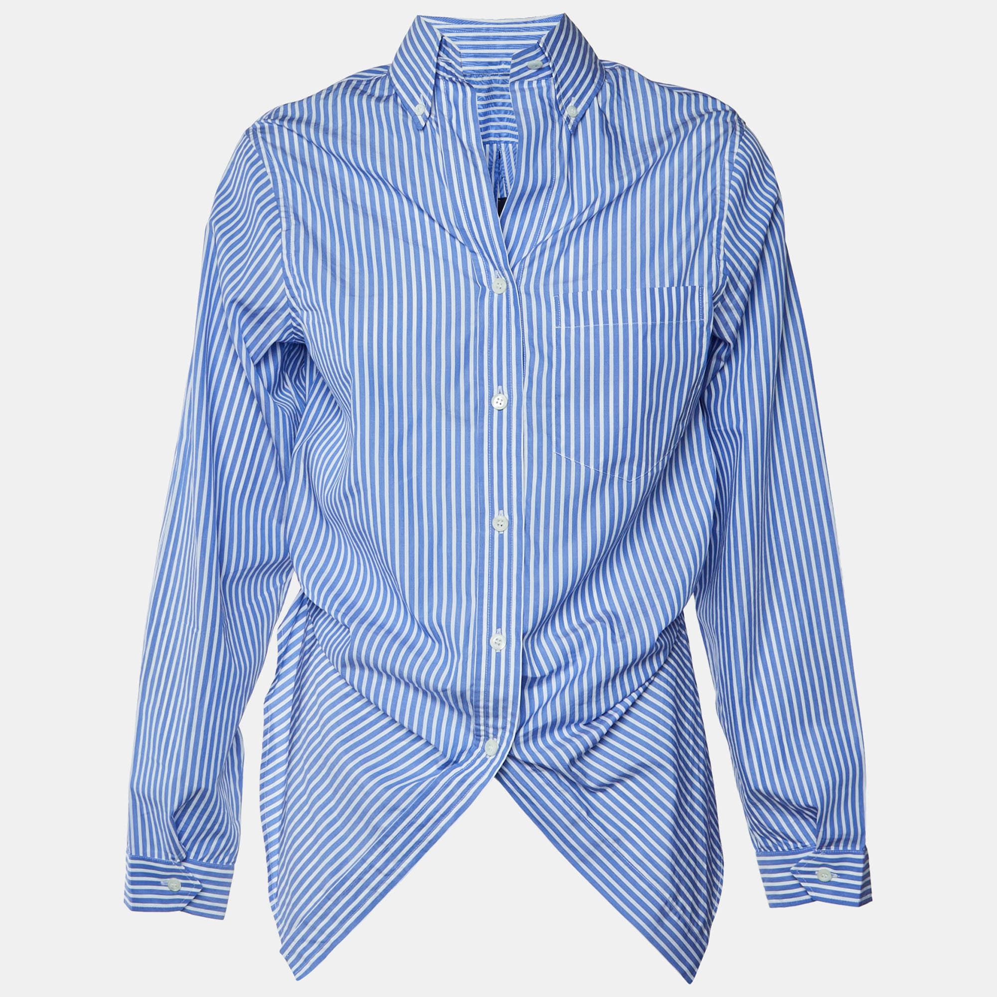 Prada Blue Striped Comic Print Cotton Front Tie Detail Shirt S