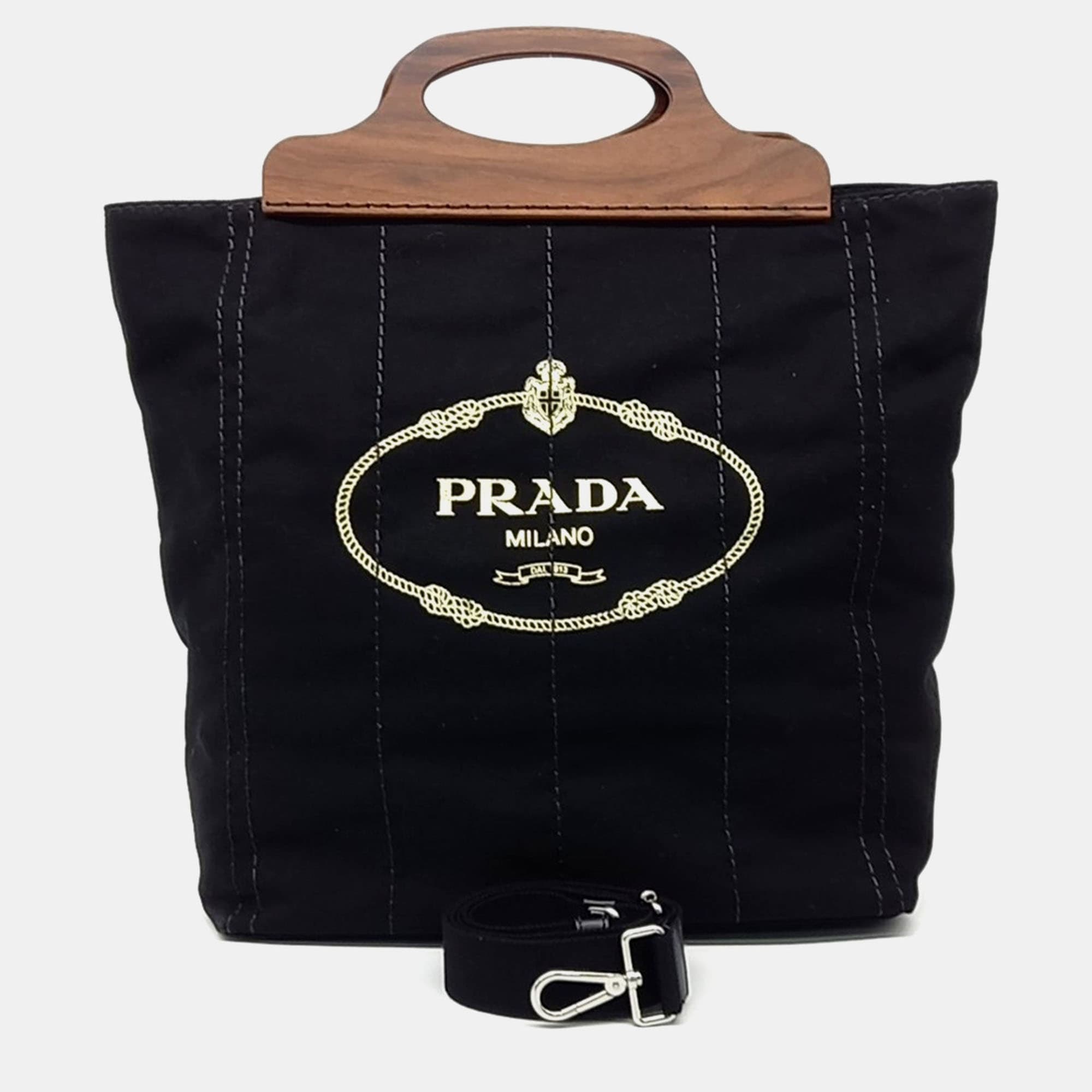 Prada Black Brown Canvas Canappa Legno Shopper Bag