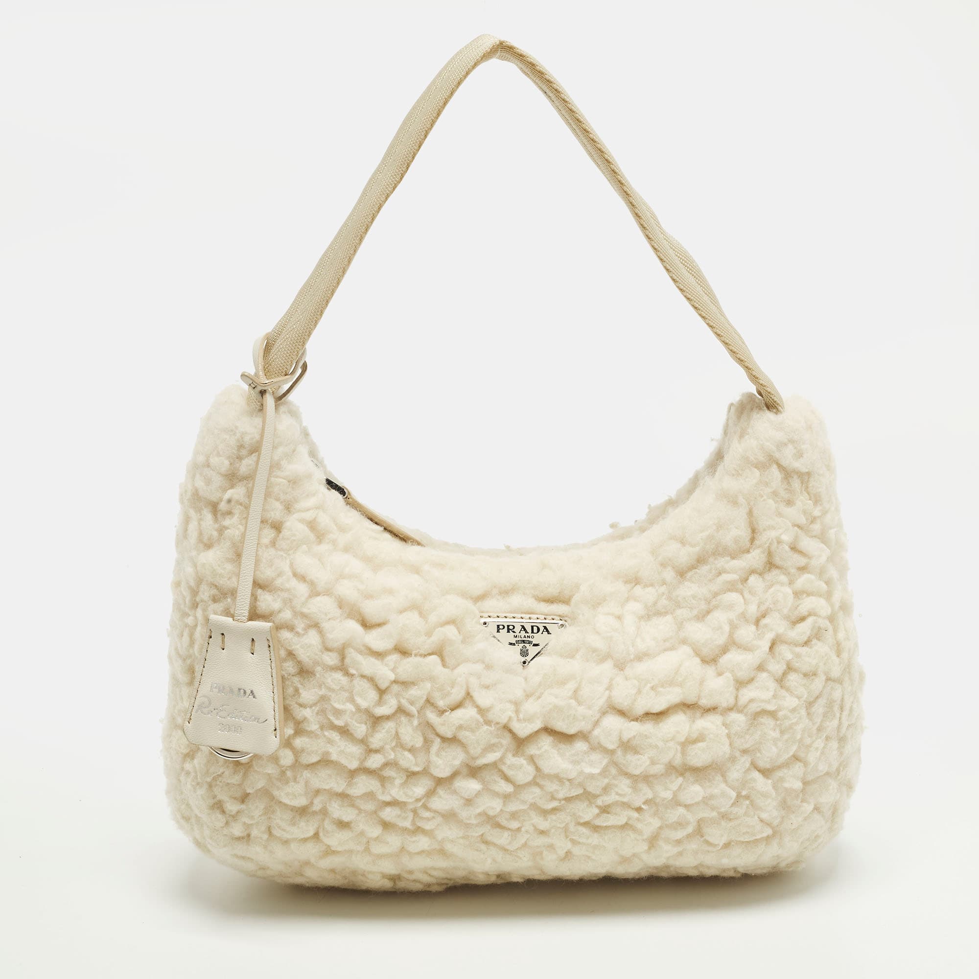 Prada Re-Edition 2000 Off White Shearling Shoulder Bag