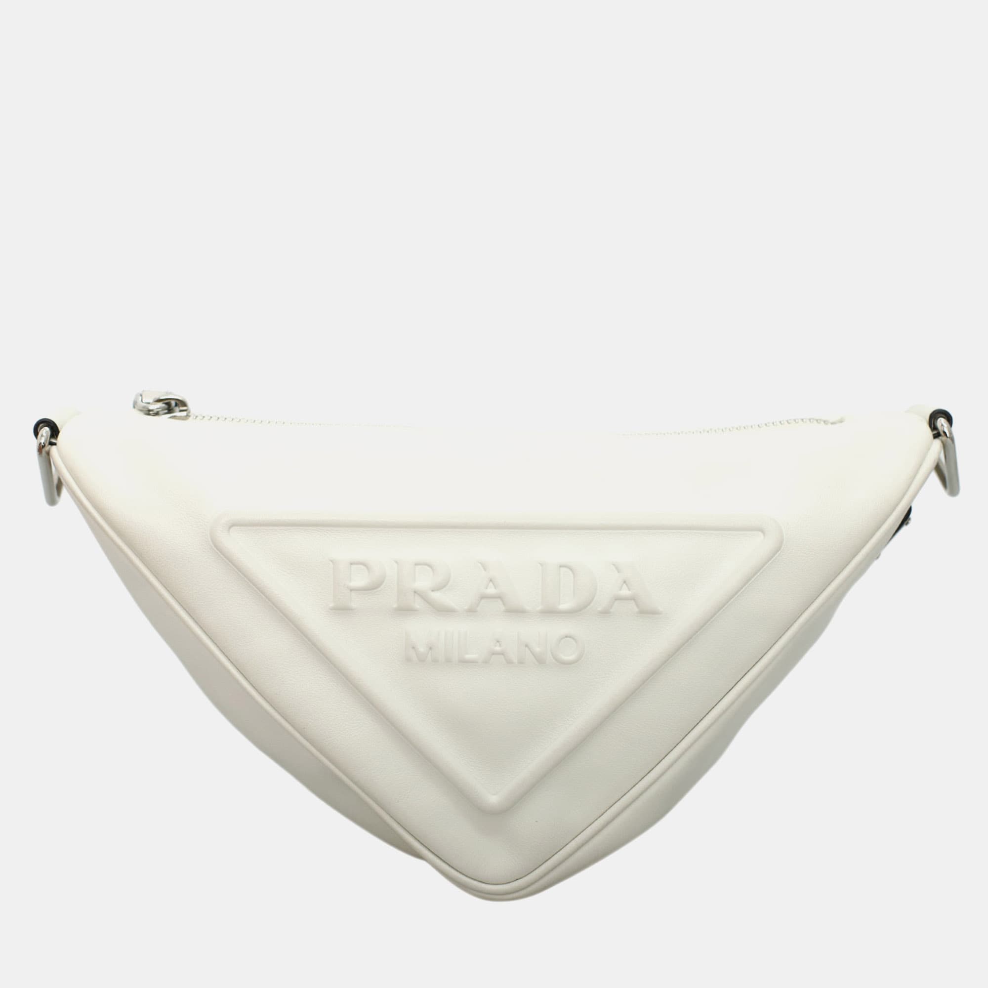 Prada Grace Lux Triangle White Calfskin Leather Shoulder Bag