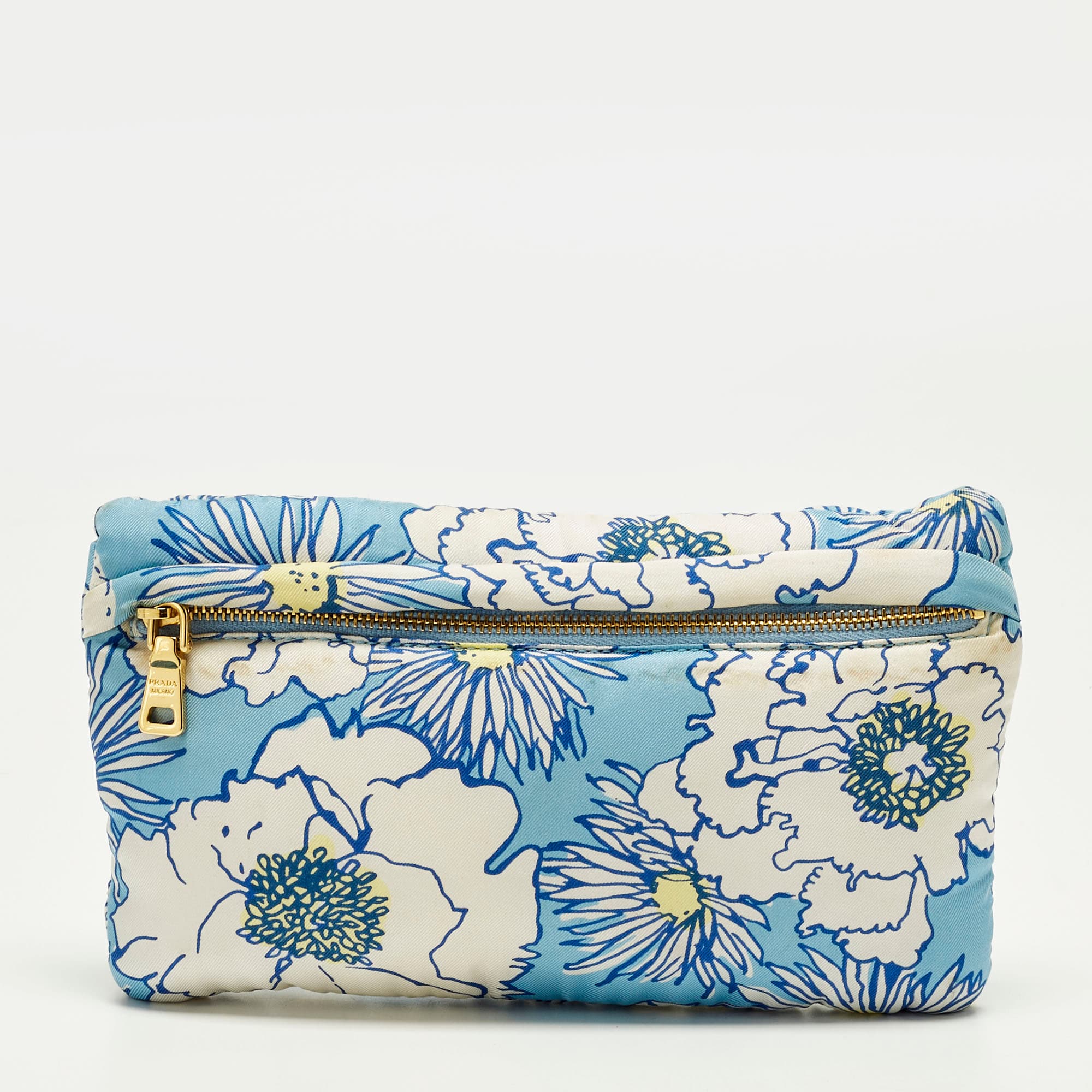 Prada Logo Blue/White Floral Fabric Zip Pouch