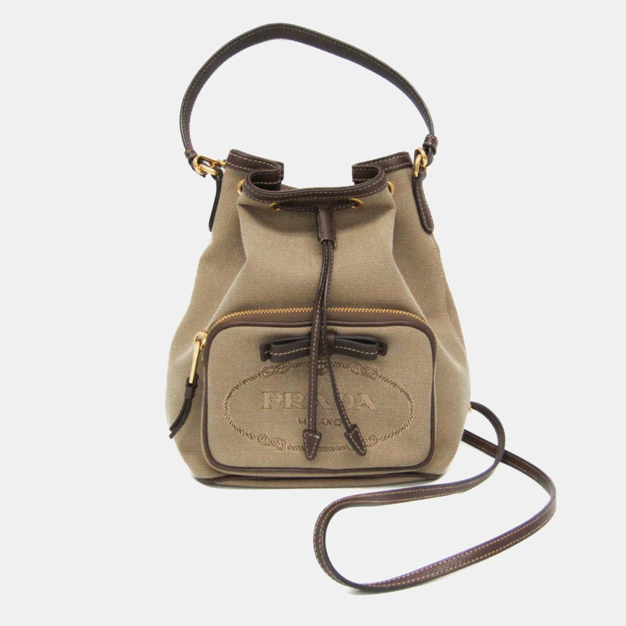Prada Logo Jacquard Beige/Brown/Dark Brown Jacquard & Leather Drawstring Bag