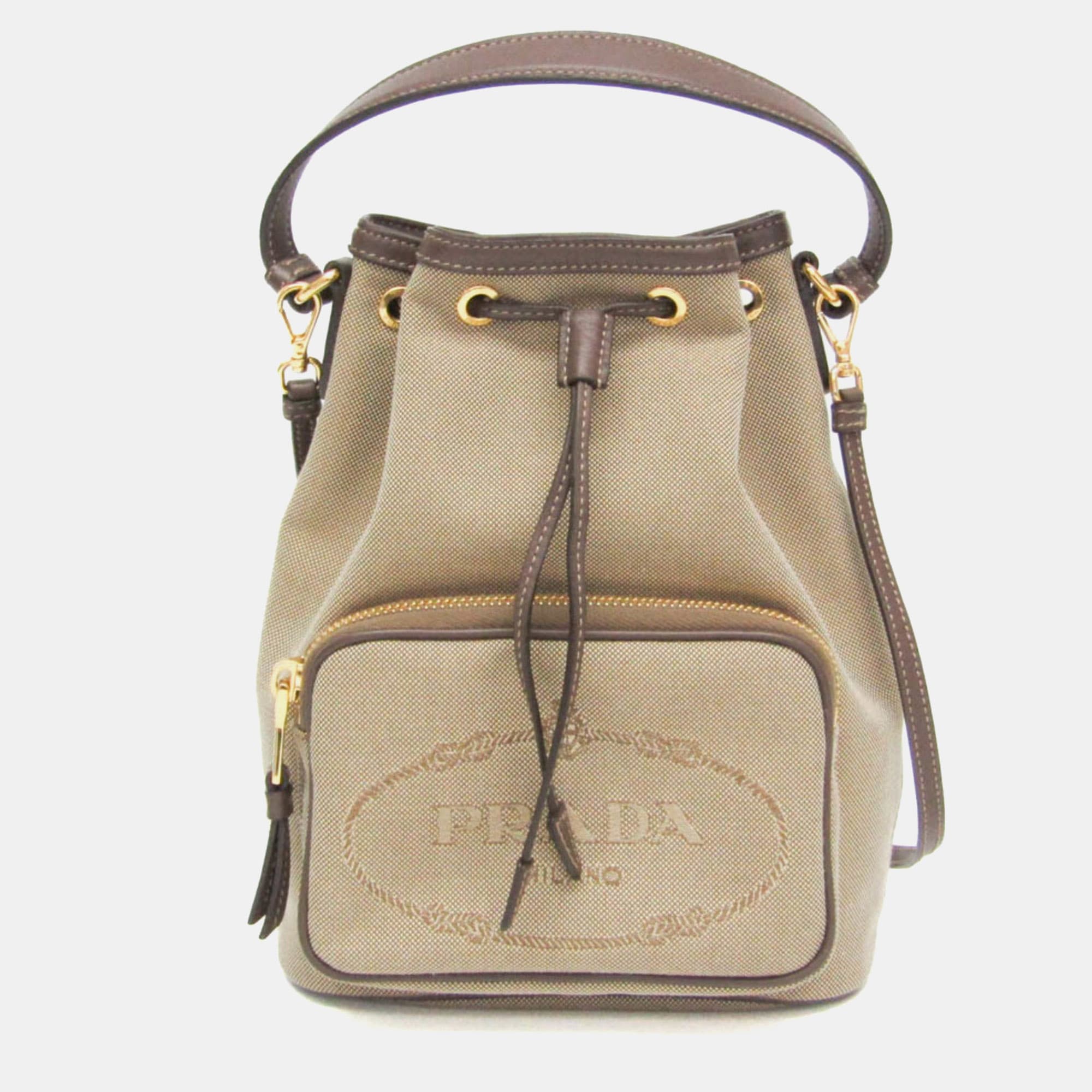 Prada Beige Dark Brown Leather Jacquard Drawstring Shoulder Bag